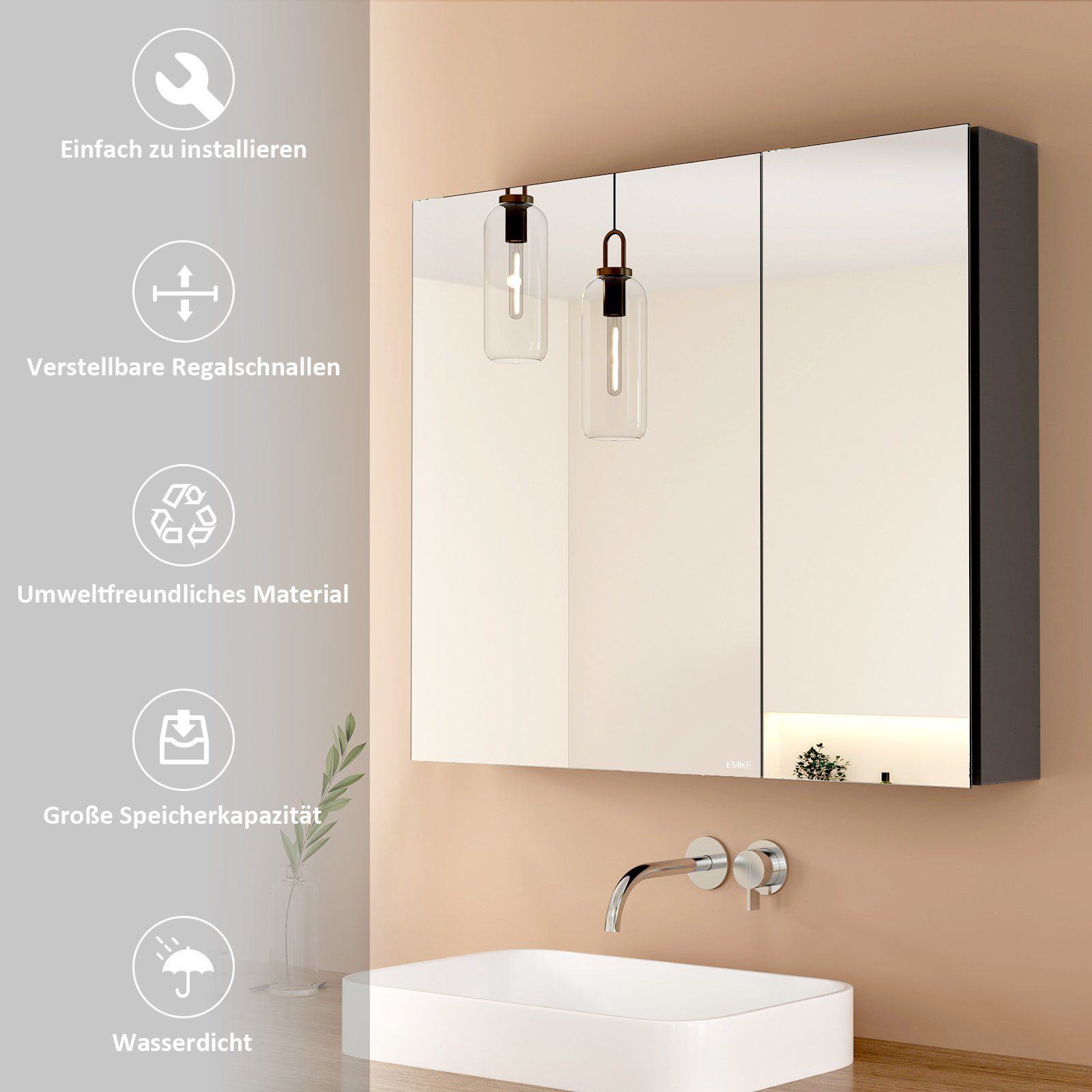 Badspiegelschrank EMKE spiegelschrank Trennwand Badezimmerspiegelschrank Verstellbare mit grau EMKE doppelseitigem(MC7) Spiegelschrank zweitüriger