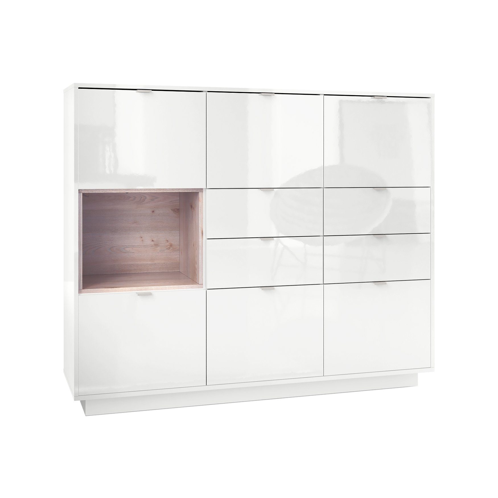 Vladon Highboard Metro V2 (Highboard, mit 6 Türen, 4 Schubladen und 1 offenem Fach), Eiche Nordic (153 x 123 x 37 cm)