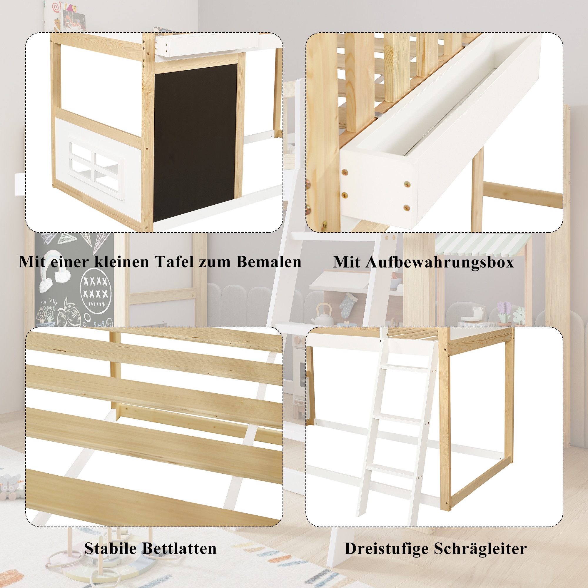 Flieks bunk bed, children's loft bed 90x200cm with chalkboard, storage box, angled ladder