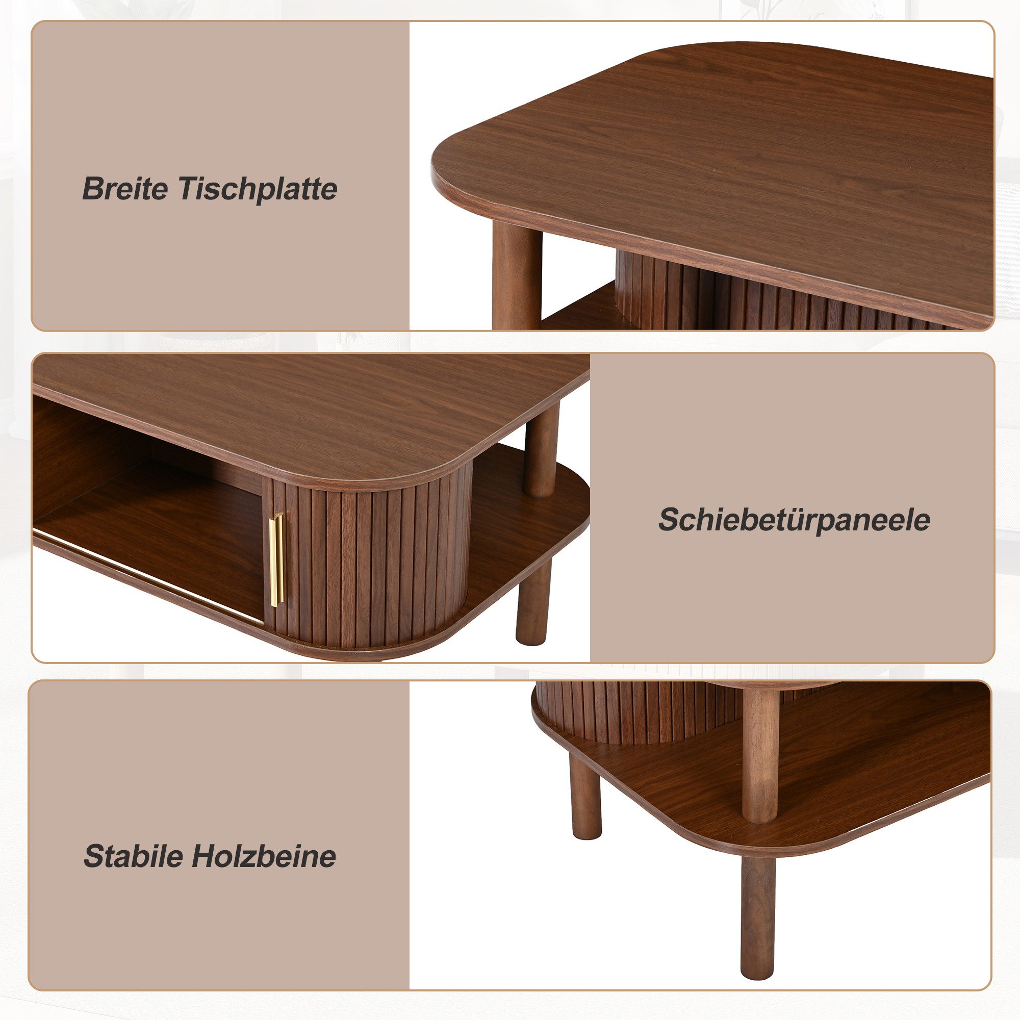 SeedWave Couchtisch in Holzoptik, 110cm Sofatisch mit Rechtecktischplatte, Schiebetüren, Wohnzimmertisch mit Stauraum, 22 cm Bodenfreiheit