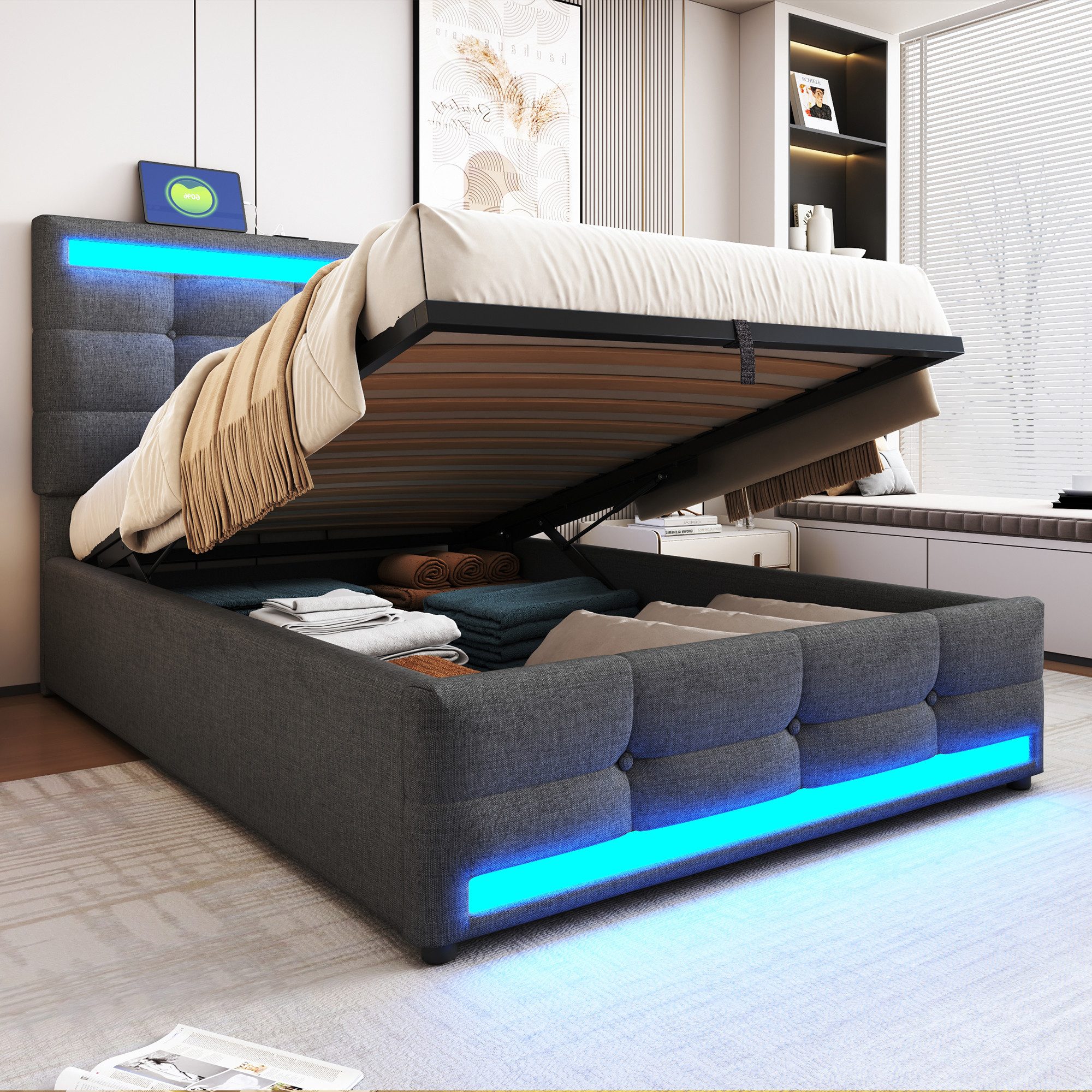 Merax Polsterbett mit LED und USB Anschlüssen (Höhenverstellbares Kopfteil, 1-tlg), Jugendbett 90x200cm mit hydraulischem Stauraum, Mehrzweckbett, Leinen