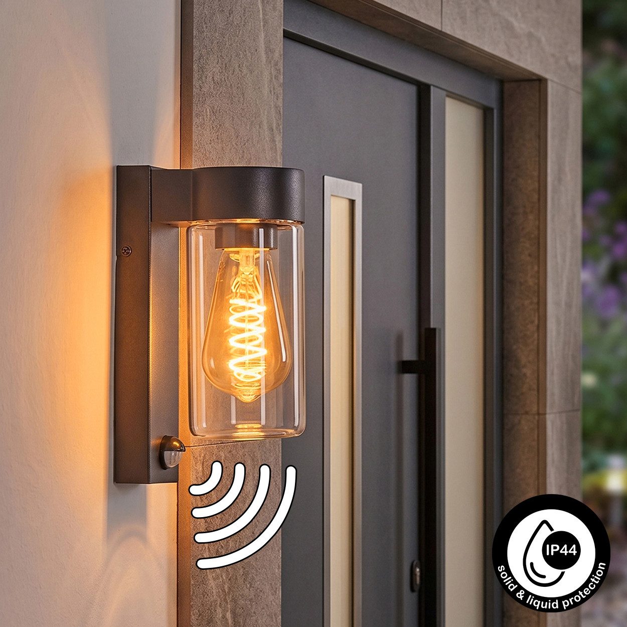 hofstein Außen-Wandleuchte Außenwandlampe mit Bewegungsmelder aus Metall/Glas in Schwarz/Klar, ohne Leuchtmittel, Leuchte im Industrial-Design für Garten/Terrasse/Hof, E27, IP44