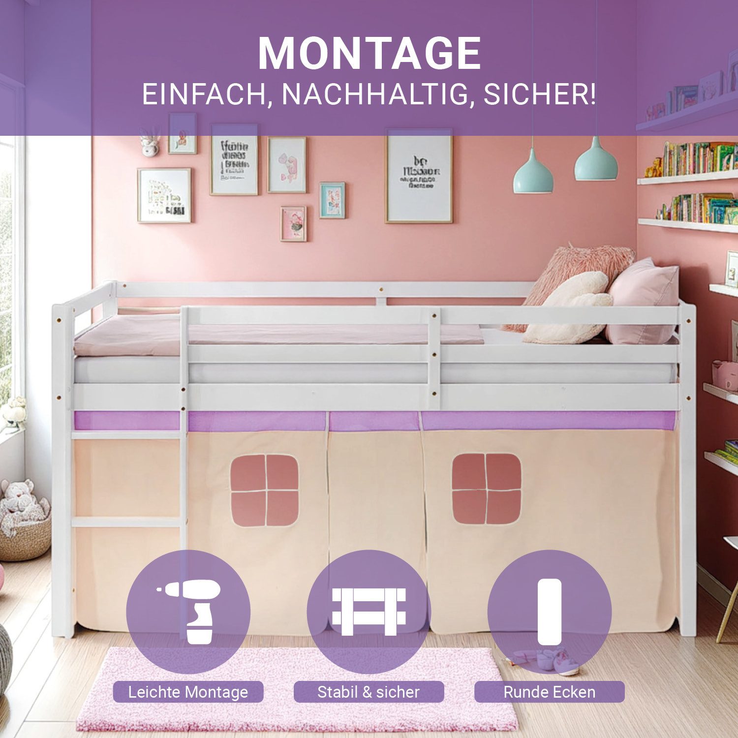 Homestyle4u Hochbett Kinderbett 90x200 Spielbett Holz Kiefer Mädchen Weiß Lila Vorhang (Set, mit Vorhang in Peach Holz Massiv) mit Rausfallschutz, Mädchen