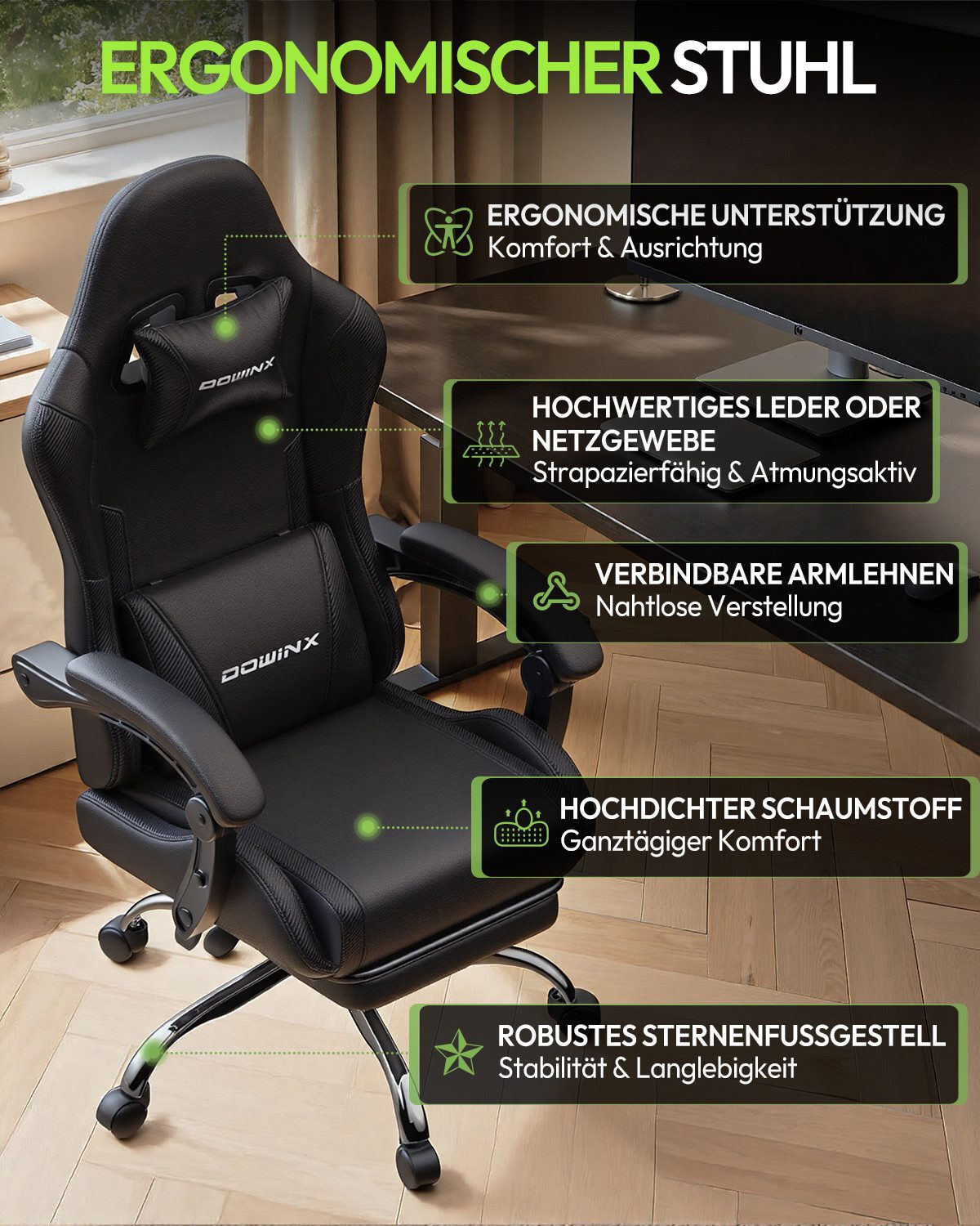 Dowinx Gaming-Stuhl Bürostuhl Massage Sessel mit höhenverstellbaren Linkage-Armlehnen (Packung), ergonomischer Gamer Stuhl mit Fußstütze, Gaming Chair bis 180 k – Bild 4 von 5