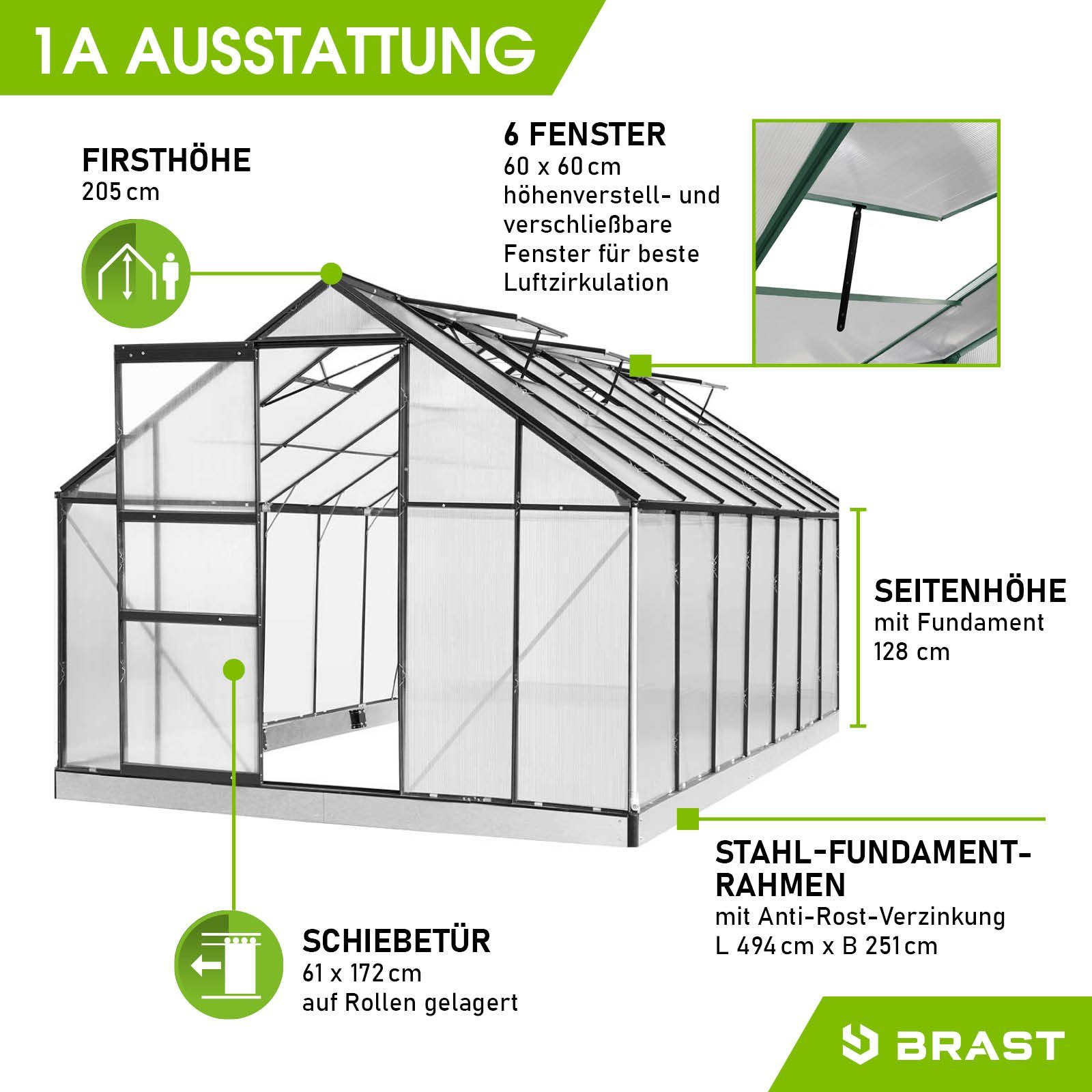 BRAST Gewächshaus ALU mit Fundament rostfrei 490x250x205cm TÜV geprüft, BxTxH: 250 x 490 x 205 cm, wetterfestes hochwertiges Aluminium, Temperaturbeständig, Wärmedämmend, Lichtbrechend & UV-stabilisiert