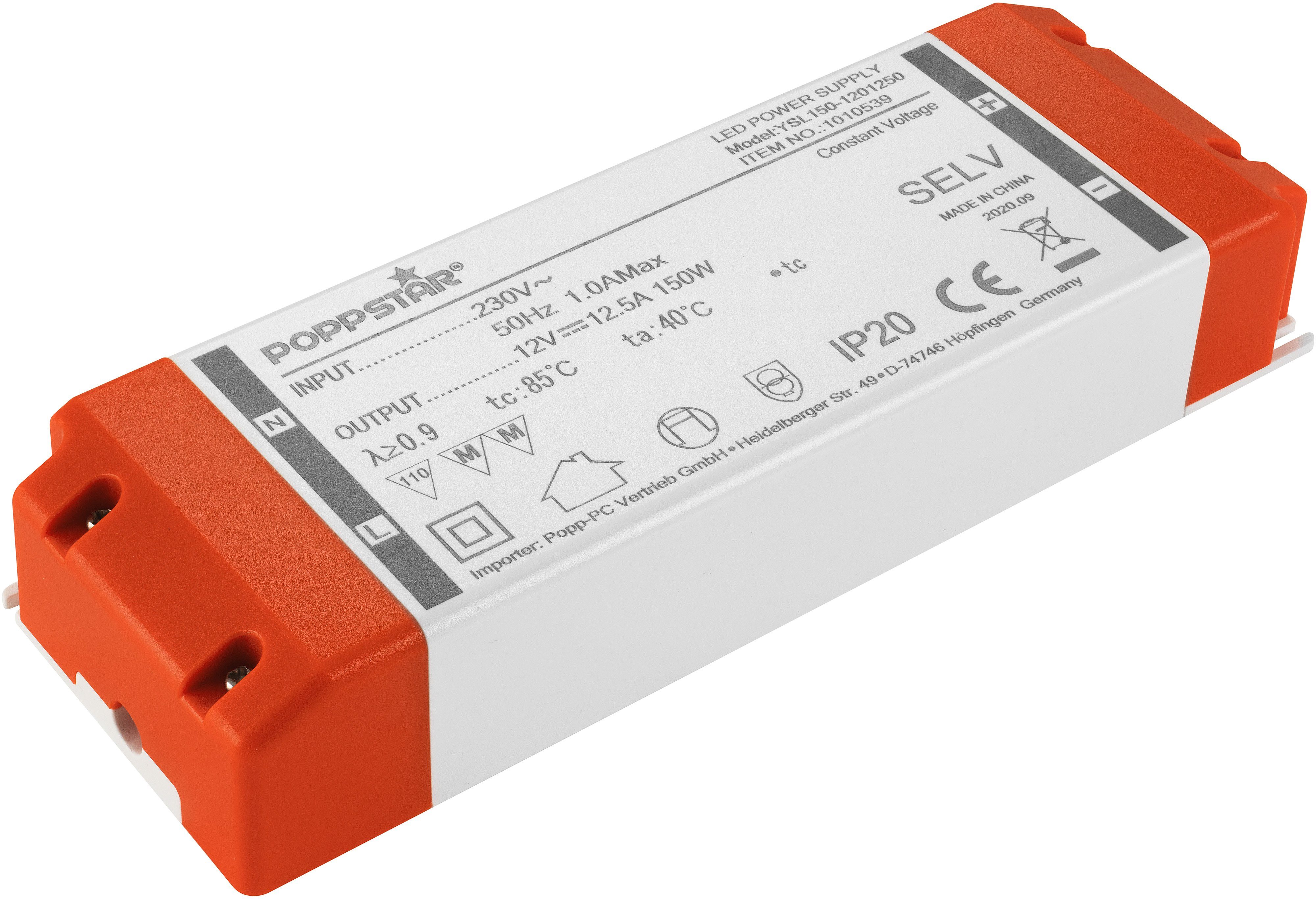 Poppstar LED Trafo Transformator 230V AC / 12V DC LED Trafo (12V 12,5A für 1,5 W bis 150 Watt LEDs)