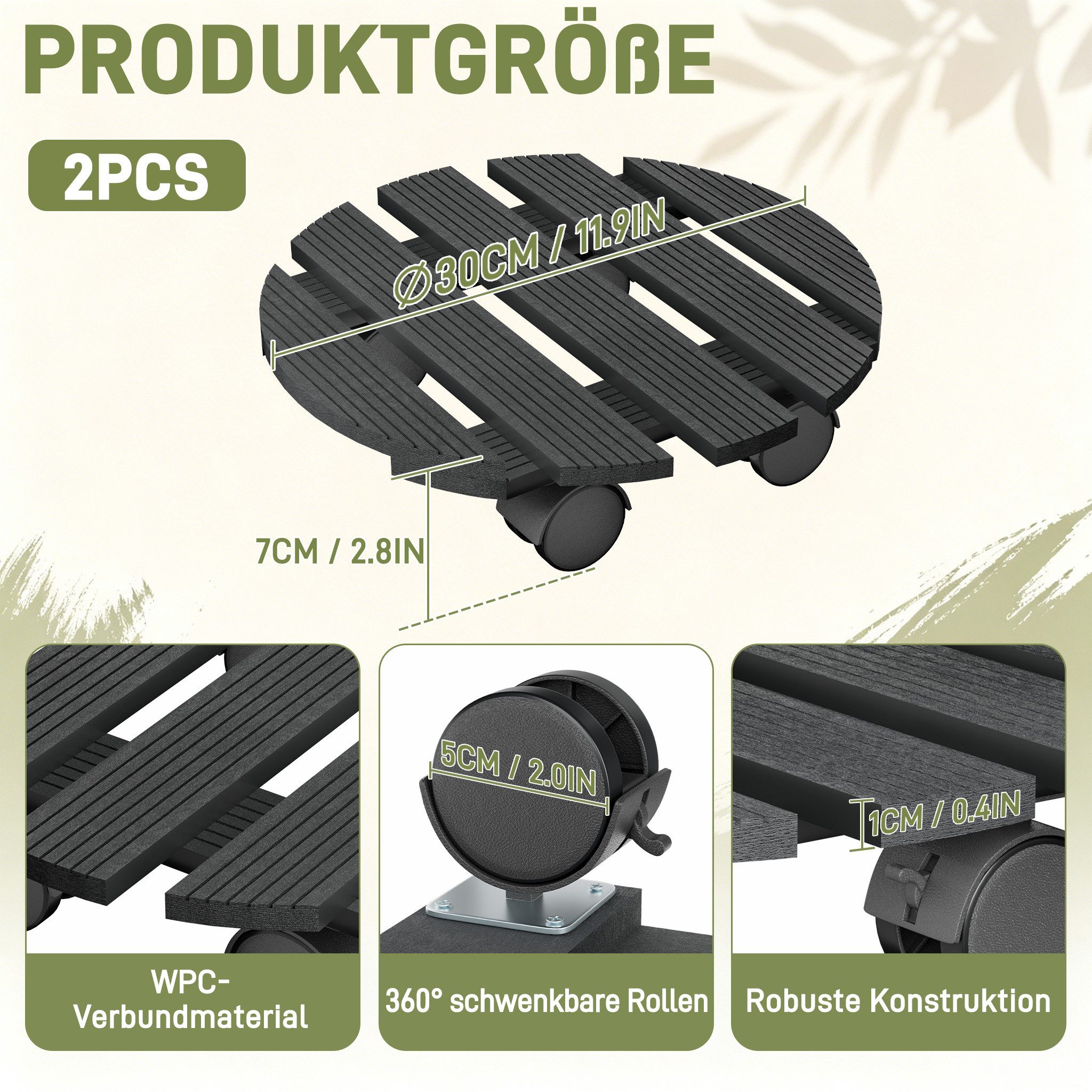 FIVMEN Pflanzenroller WPC Rollbrett Pflanzen 100 kg Tragkraft Blumenroller 30 x 30 cm, Rollen mit 2 Feststellern für Außenbereich Innenbereich – Bild 2 von 5