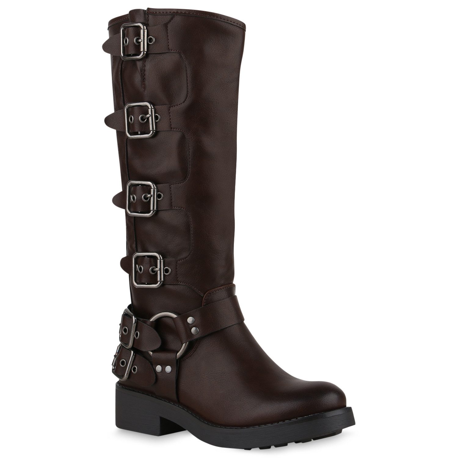 VAN HILL 840848 Stiefel Damen Leicht Gefütterte Bikerstiefel Schnallen Nieten