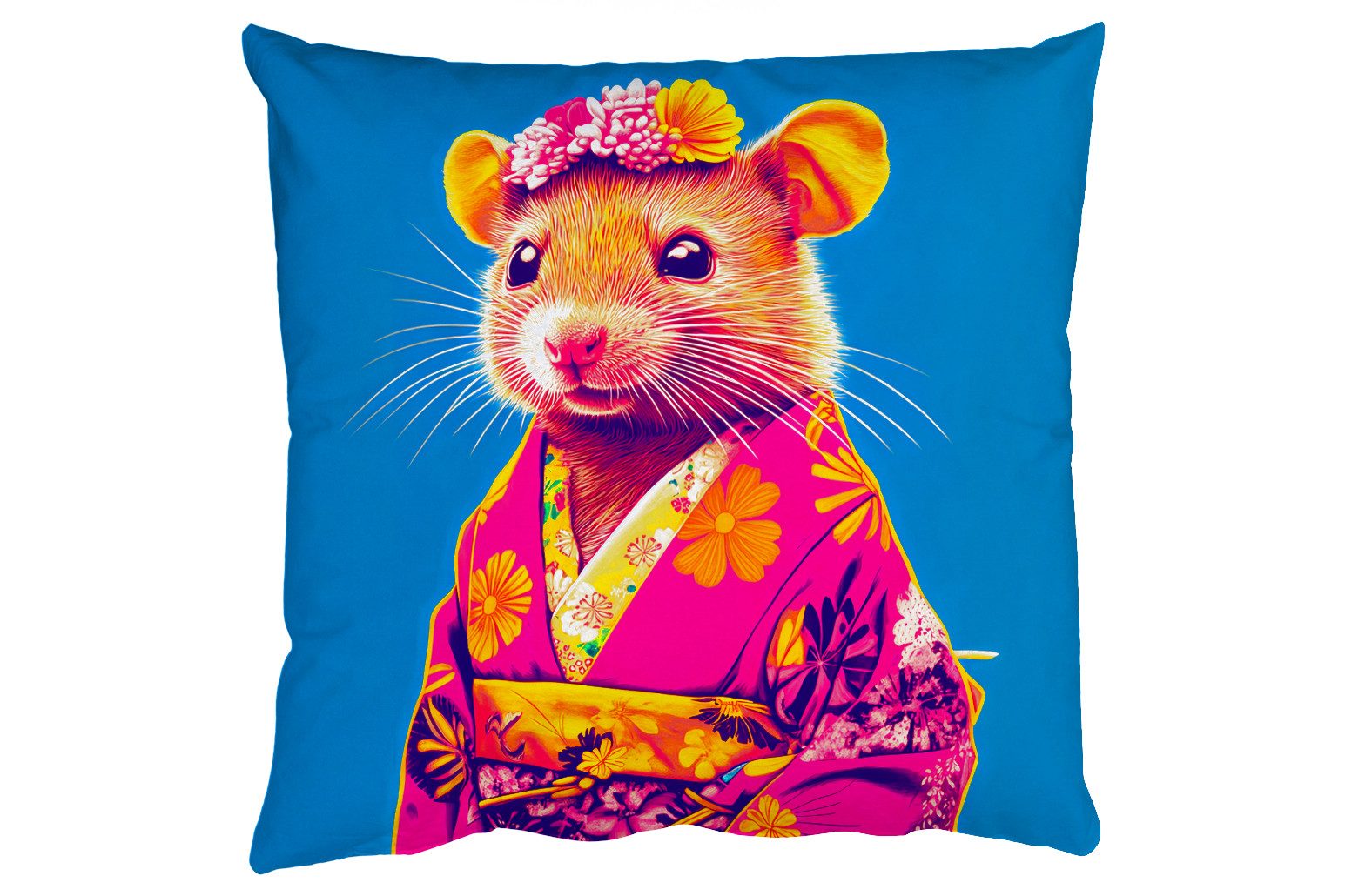 MuchoWow Dekokissen Maus - Kimono - Blumen - Blau, Zierkissen, Deko Kissen mit Füllung, Sofakissen, 60x60 cm