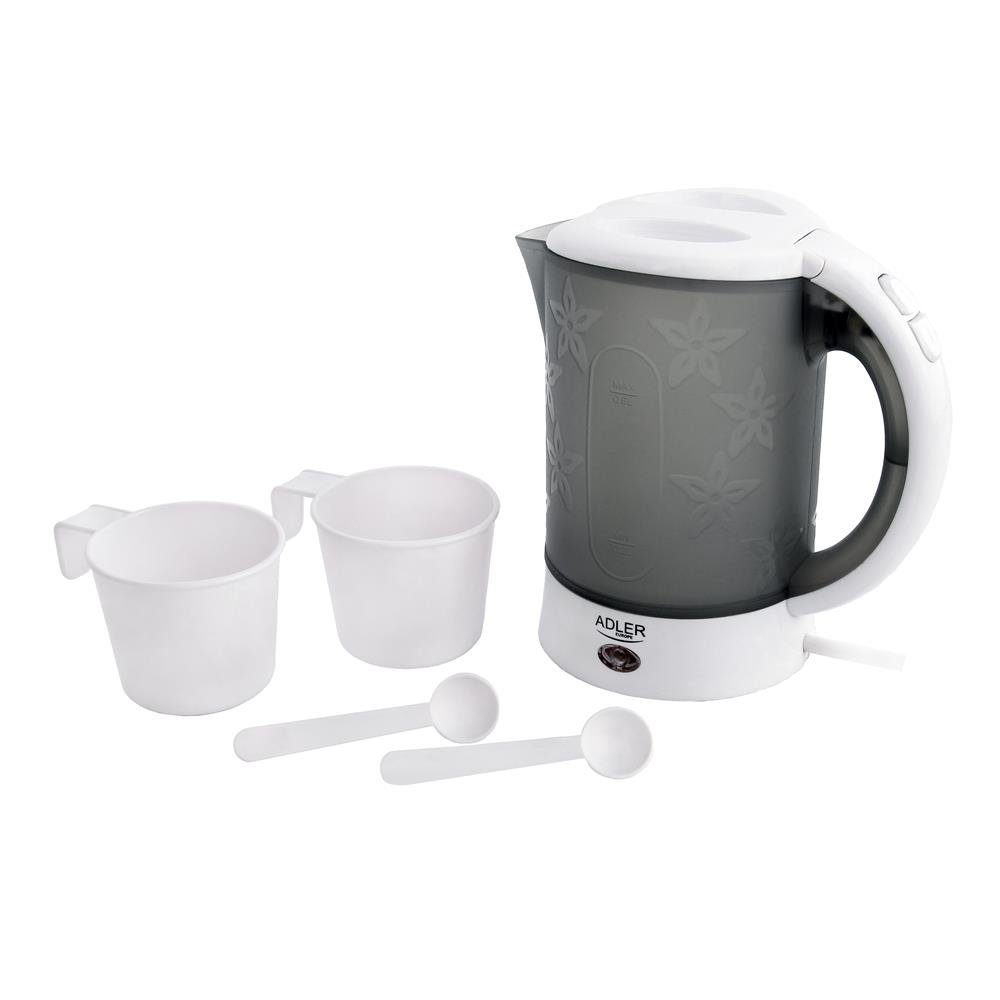 ADLER EUROPE Reise-Wasserkocher AD 1268 Mini-Wasserkocher, kleiner Kunststoff Reisewasserkocher, 0,6 l, 900 W, Büro, Camping, Hotel & Singleküche, Blumenmuster Weiß Grau