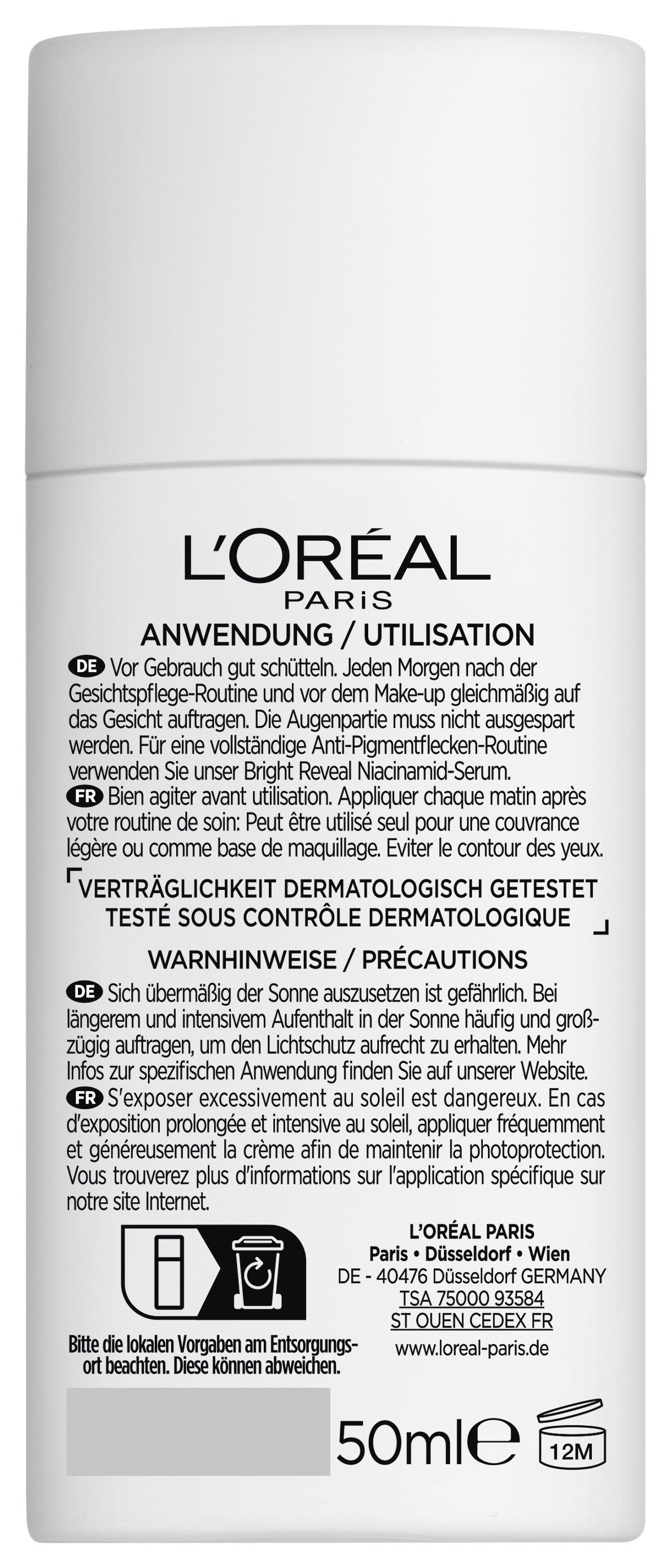 L'ORÉAL PARIS Gesichtsfluid BRIGHT REVEAL TÄGLICHES GLOW-FLUID GETÖNT MITTEL LSF 50, mit Vitamin C und E, feuchtigkeitsspendend.