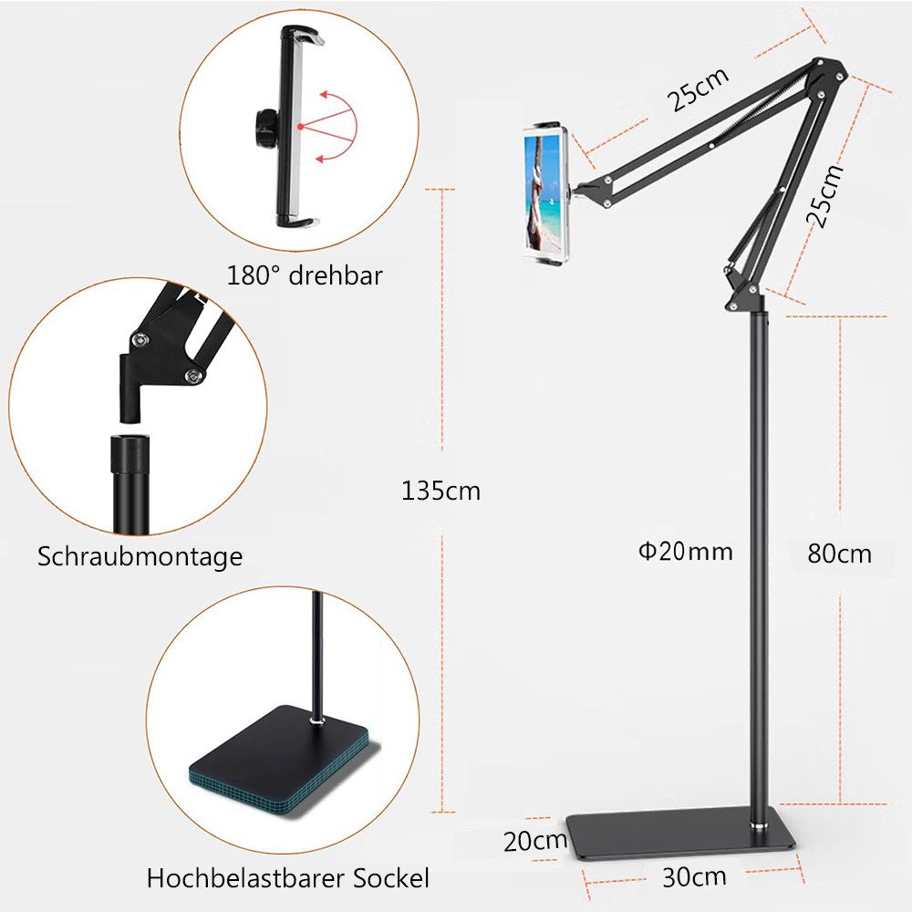 TUWENA Tablet-Ständer Tablet Bodenständer, 360° Drehbar Tablet Halterung mit Heavy Duty Base, (Für iPad, Tablets, Telefone oder Andere Geräte mit 4 bis 12.9 Zoll)