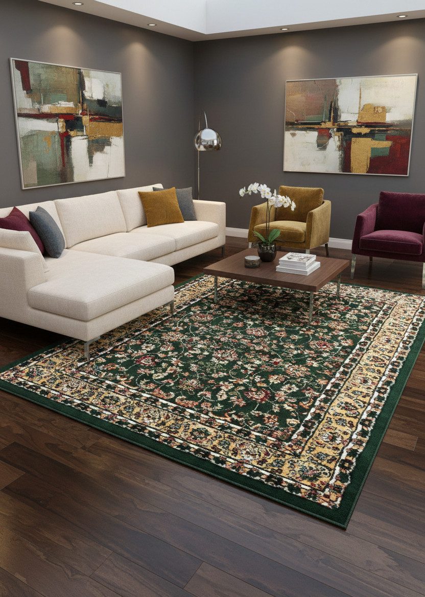 Vimoda Orientteppich Klassischer Teppich Kurzflor in Grün, Beige, Rot & Grau, Rechteckig, Höhe: 6 mm, Kunstvollem Klassik Muster Blumen GRÜN, Braun & Schwarz
