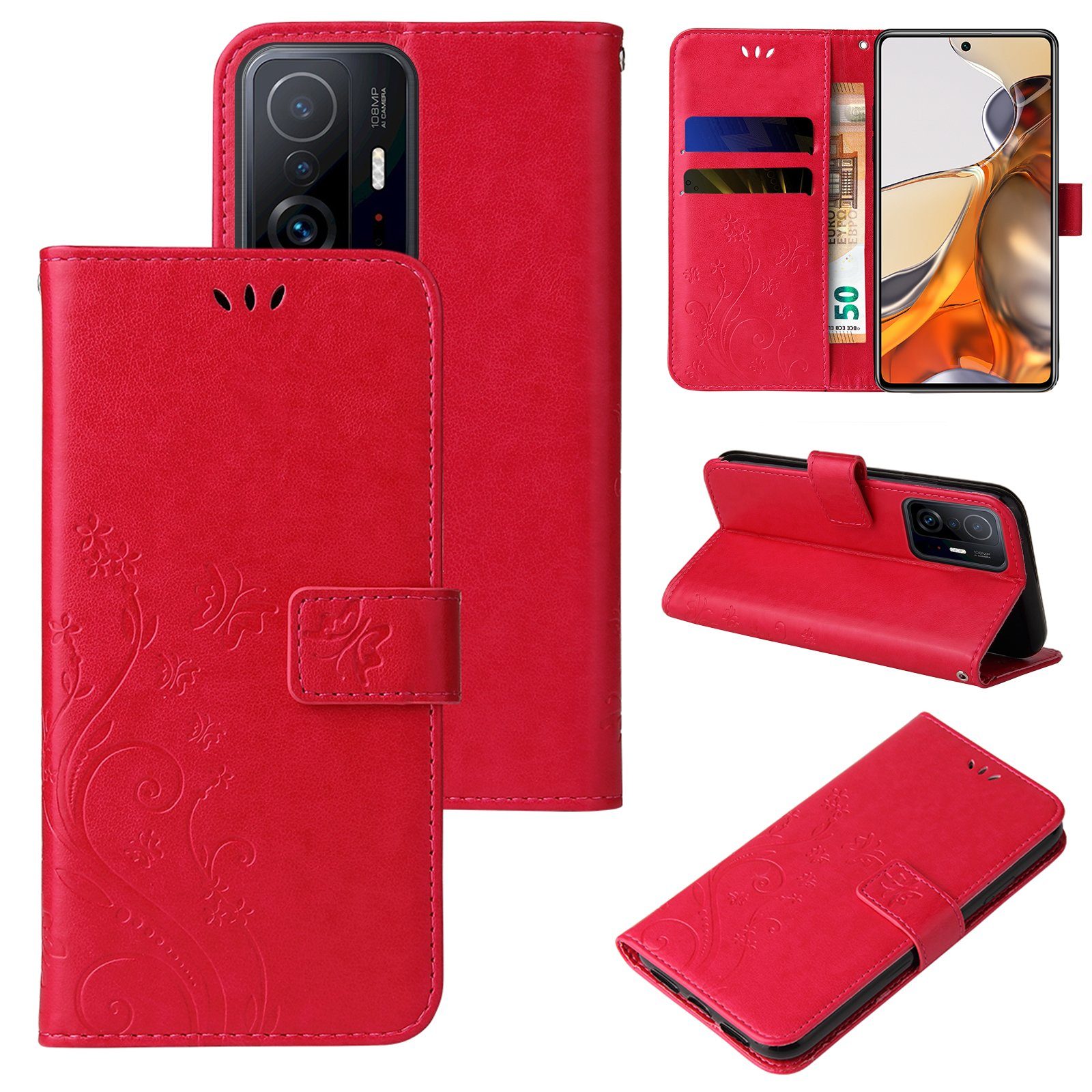 Tec-Expert Handyhülle Cover Tasche Hülle für Xiaomi 11T & 11T Pro 6,67 Zoll, Klapphülle Case mit Kartenfach Fliphülle aufstellbar, Motiv Blumen