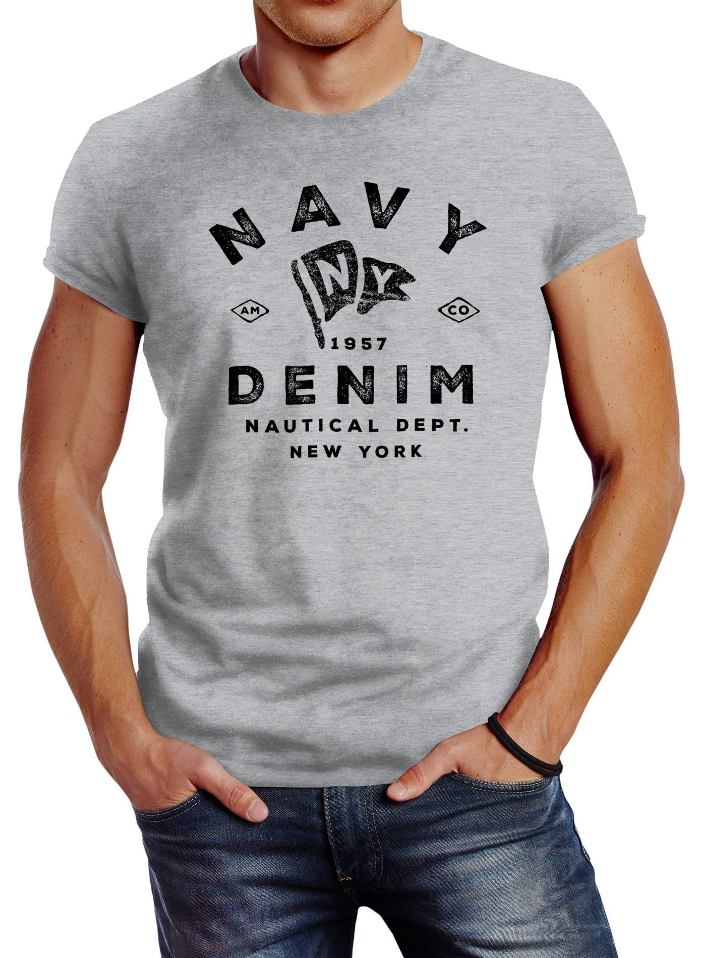 Neverless Print-Shirt Herren T-Shirt Vintage Motiv Denim York New Nautical Schriftzug Neverless® grau Navy Print mit