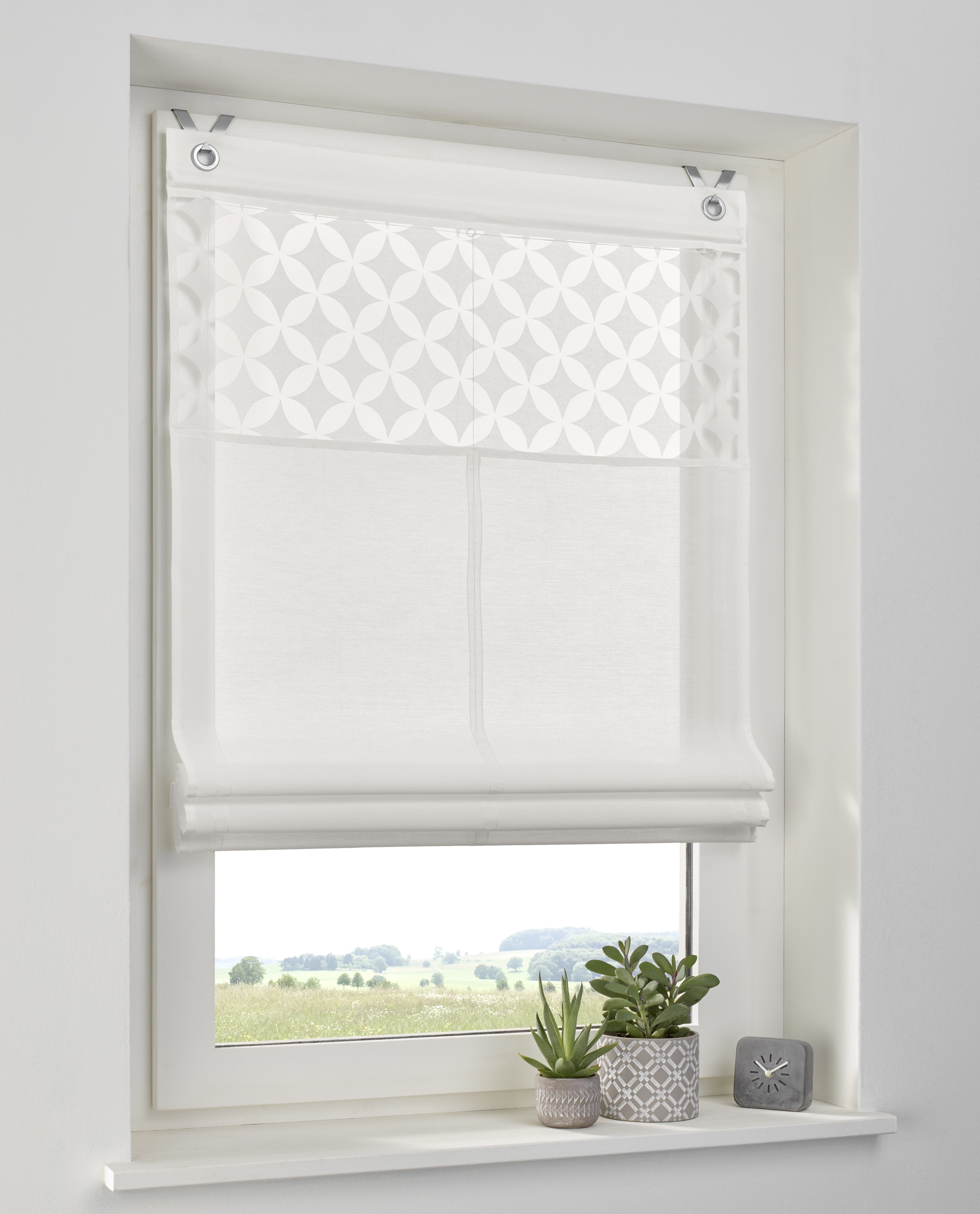 Kutti Raffrollo Jessy mit Ösen, halbtransparent, mit Hakenaufhängung, ohne Bohren, freihängend, Ausbrenner-Blende, weiß