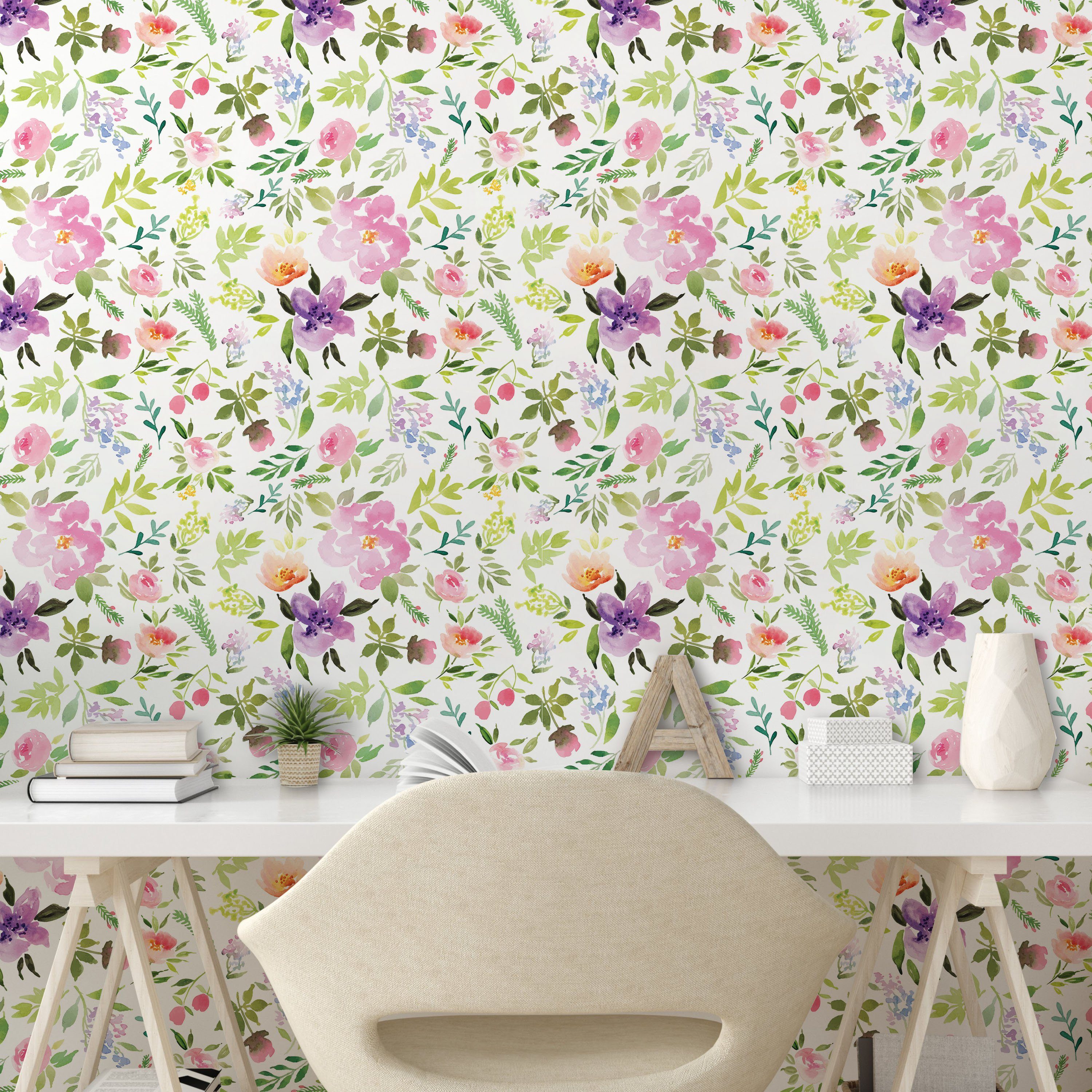 Vinyltapete selbstklebendes Wohnzimmer Küchenakzent, Aquarell Frühlings-Blumen Sanfte Abakuhaus