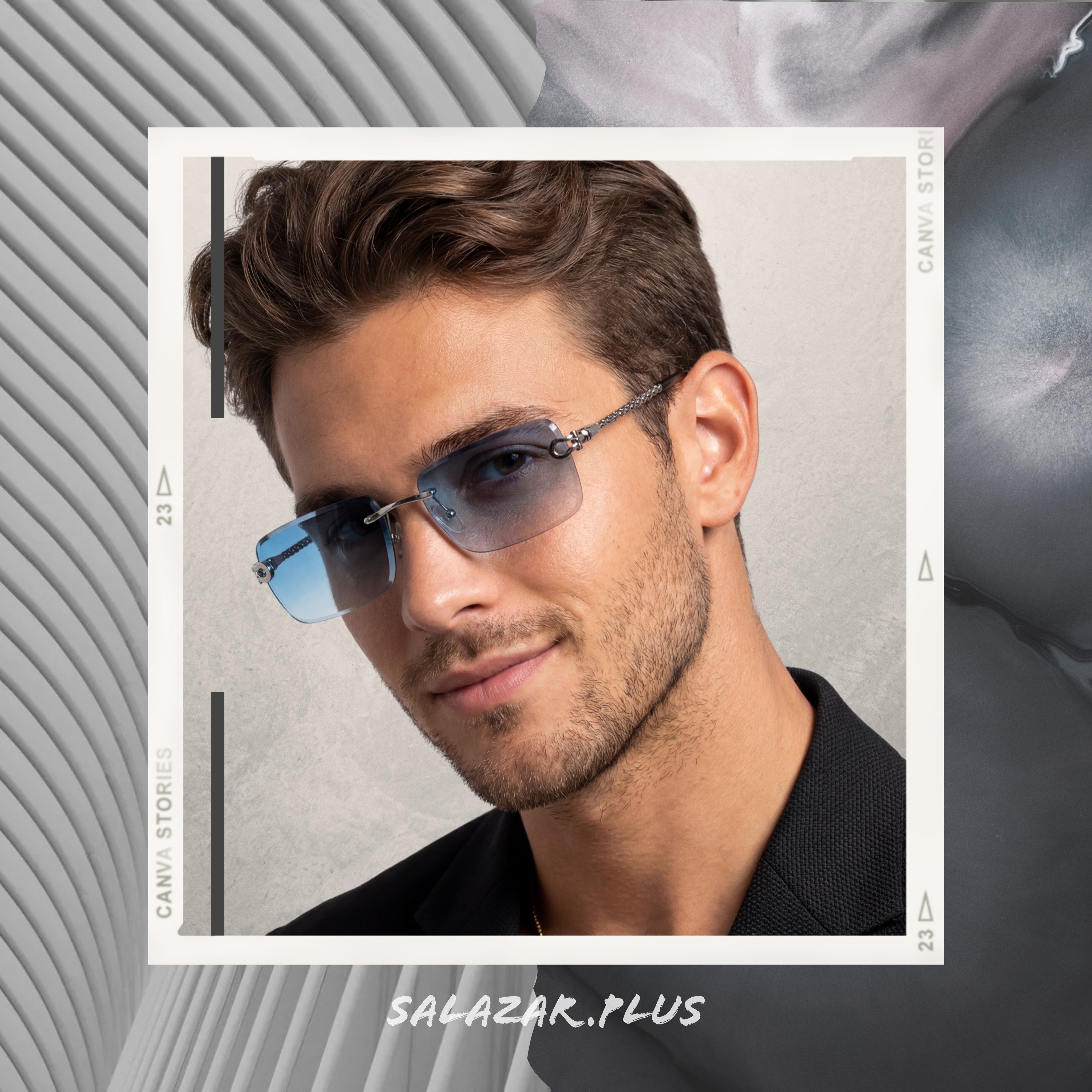 salazar.plus Sonnenbrille Premium Randlos Rechteckig Metallgestell Blau Braun Schwarz Grau Elegante randlose Metall-Sonnenbrille im modernen Rechteck-Design