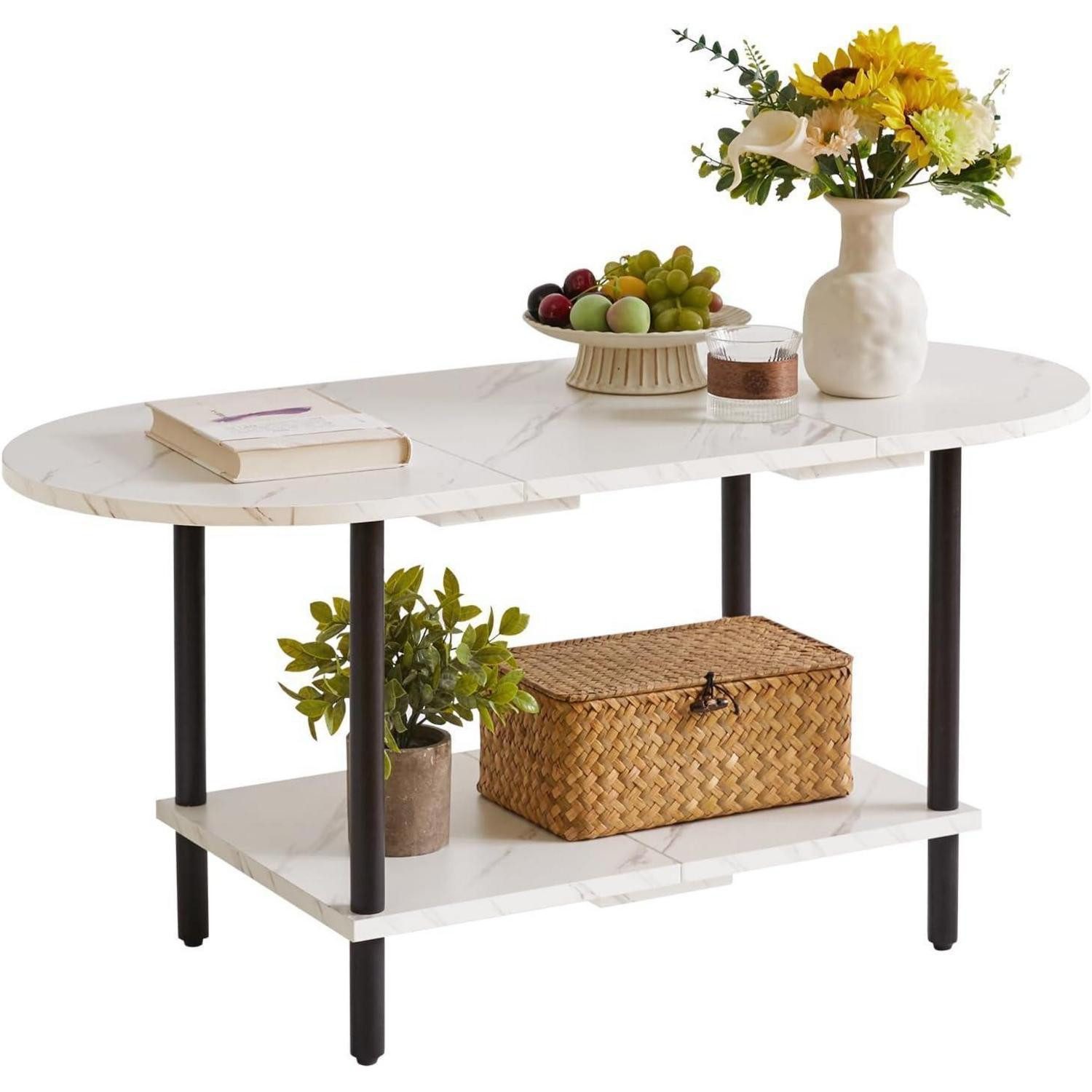 LuxusKollektion Couchtisch Couchtisch Weiß Holzbeinen 2-stufigem Stauraum Moderner Stil
