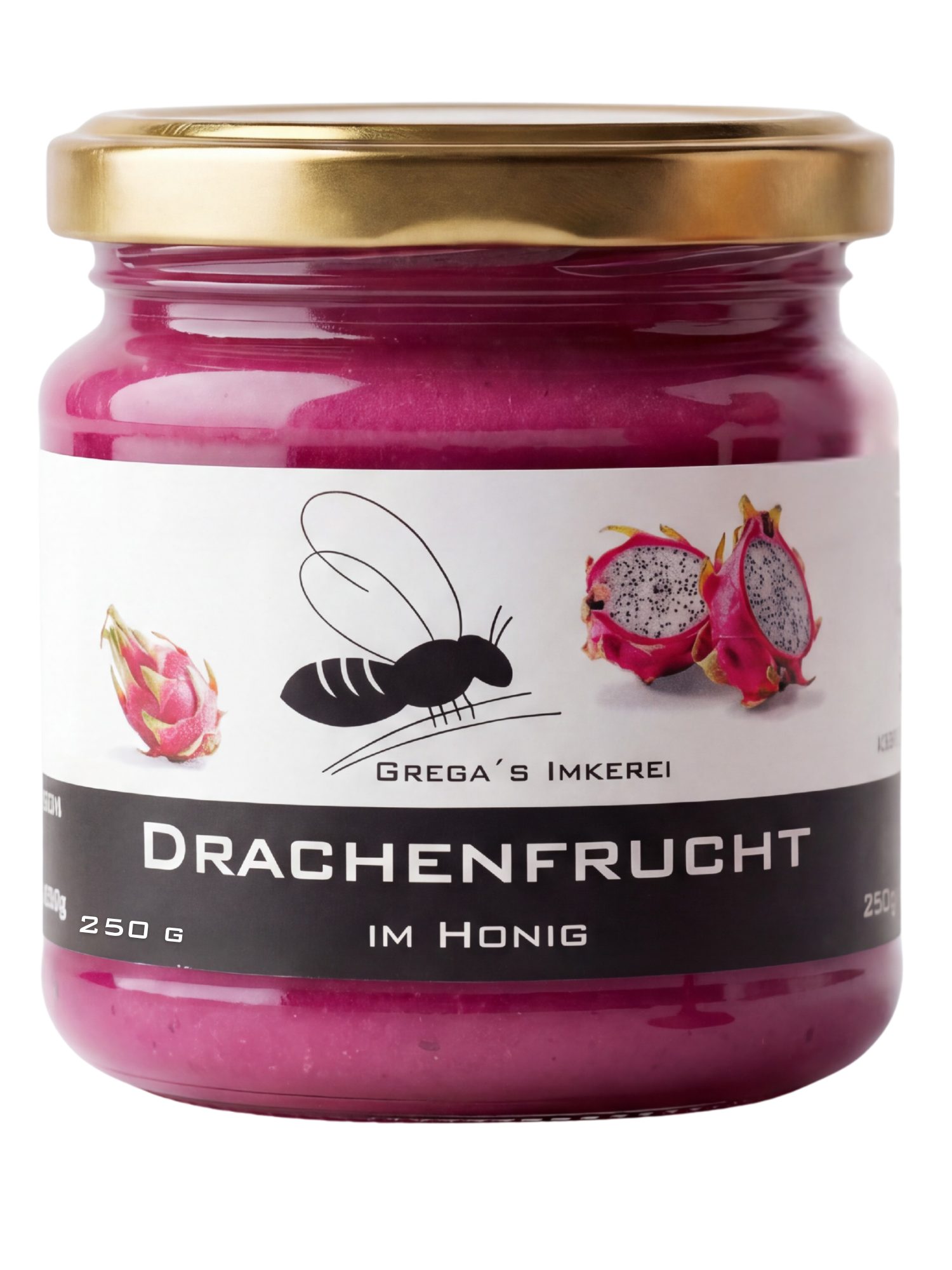 Grega´s Imkerei Honig Drachenfrucht im Honig, 1 x 250 g, (Nur zwei Zutaten Honig und Drachenfrucht mehr nicht), Cremiger exotischer pinker Honig-Brotaufstrich direkt vom Imker