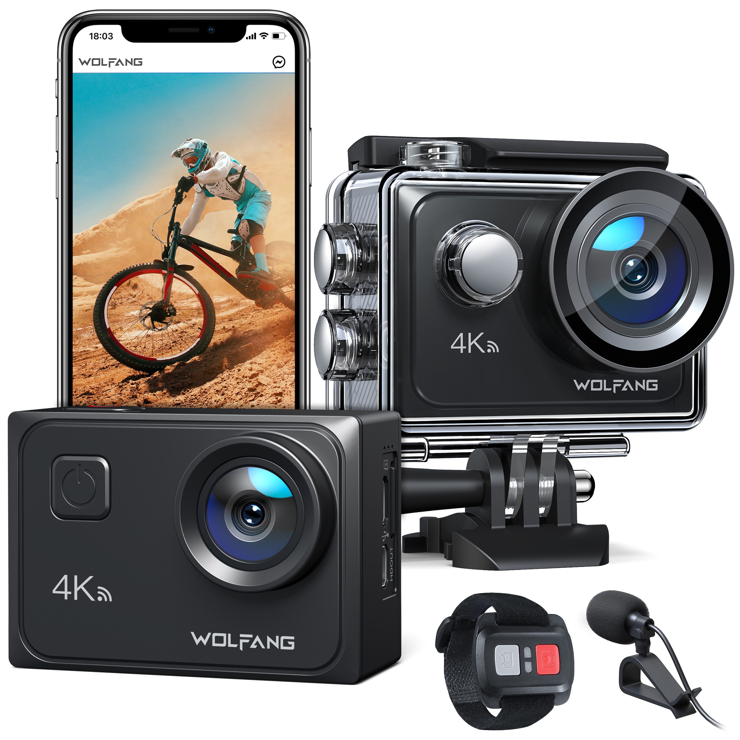 WOLFANG GA300 Action Cam (Full HD, WLAN (Wi-Fi), 4K 60FPS 24MP, Touchscreen, 40M wasserdicht, 8XZoom, 2.0 EIS, 2x1350mAh)