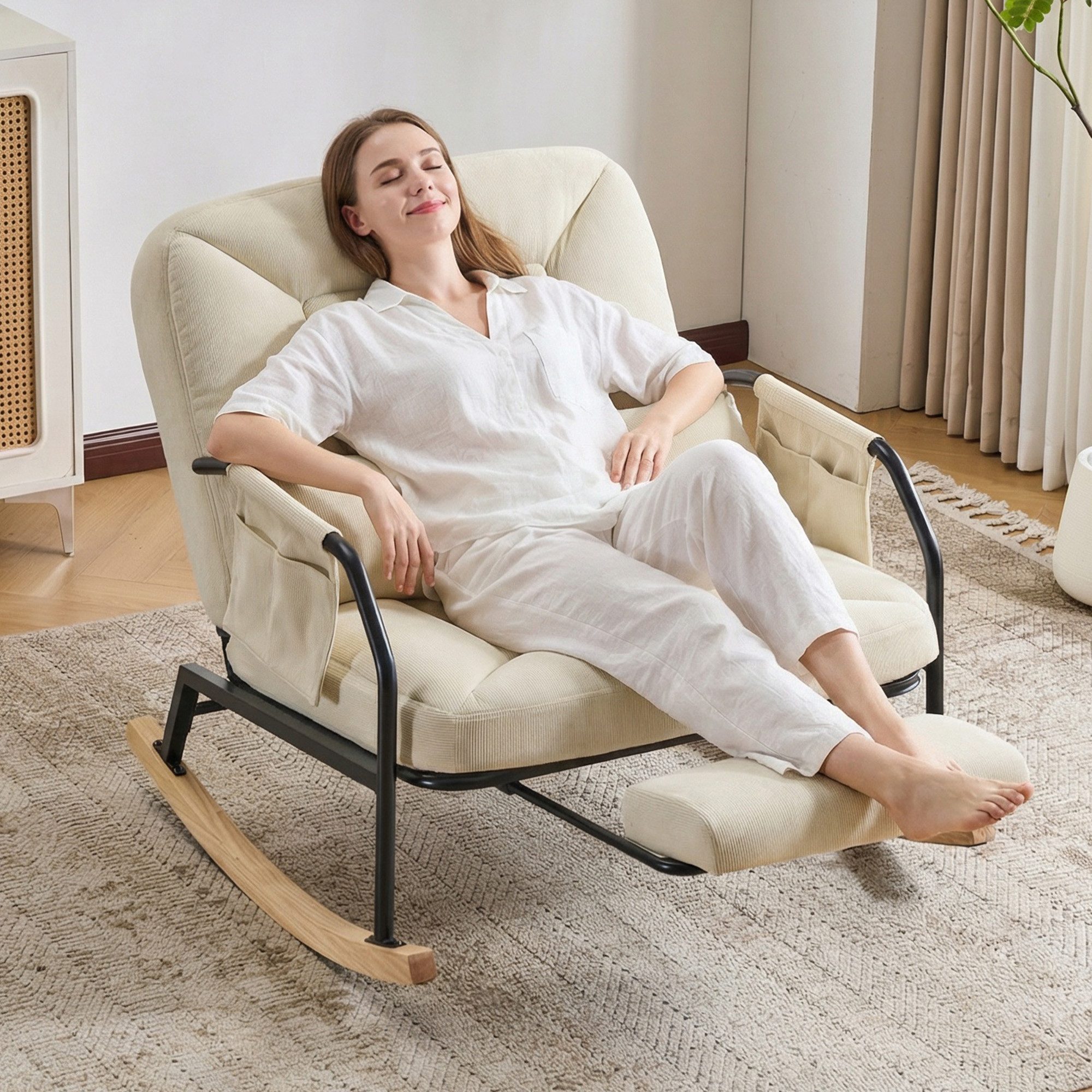 CANMOV Relaxsessel Schaukelstuhl mit ausziehbarer Fußstütze, Ergonomischer Schaukelsitz, mit Kissen und Fußstützung, verstellbare Rückenlehne 100°–160°