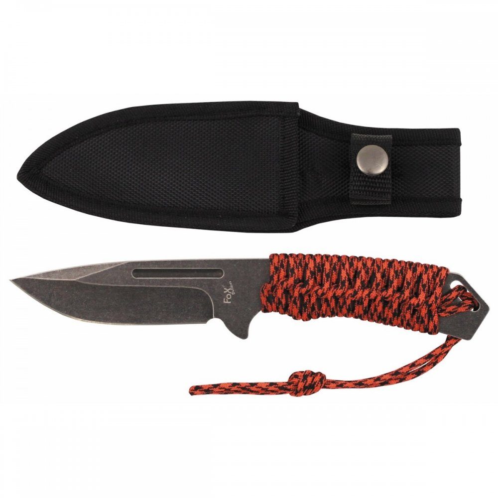 FoxOutdoor Taschenmesser Messer "Redrope", groß, stonew., Griff umwickelt, (Set, mit Polyesterscheide), Griff mit schwarz/rotem Nylonband umwickelt