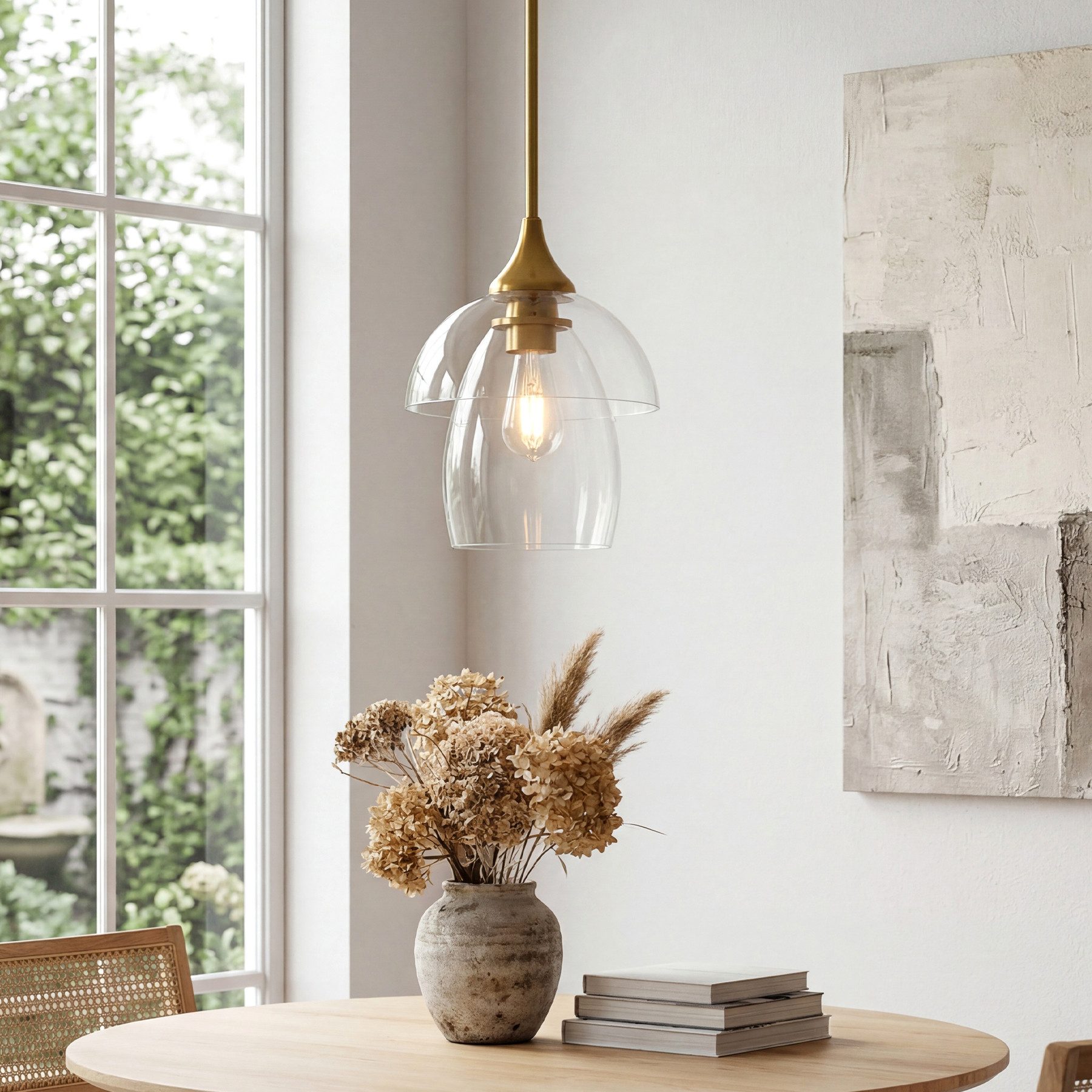 Tribesigns Pendelleuchte Gold, Moderne Hängeleuchte mit Doppeltem Glasschirm, ohne Leuchtmittel, Höhenverstellbare Hängelampe E27, Glas Pendelleuchte für Esstisch
