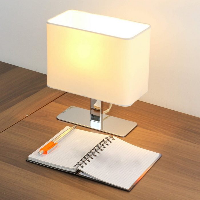 Licht-Erlebnisse Nachttischlampe MING ohne Leuchtmittel Tischleuchte Weiß Chrom E14 23 cm Stoff Modern Beleuchtung