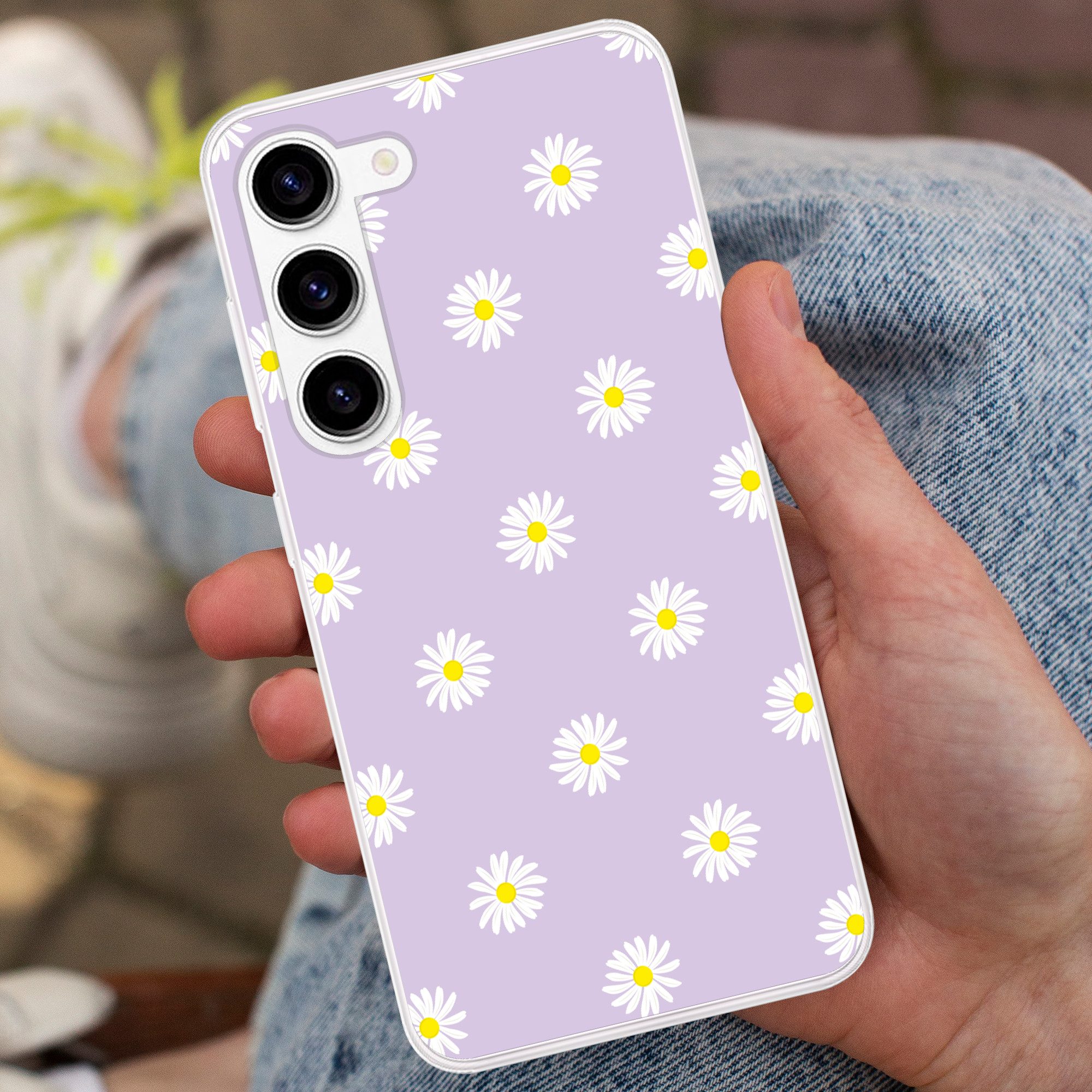 MuchoWow Handyhülle für Samsung Galaxy S23 Gänseblümchen - Pastell - Weiß - Lila - Blumen, Phone Case, Silikon, Schutzhülle Dünn