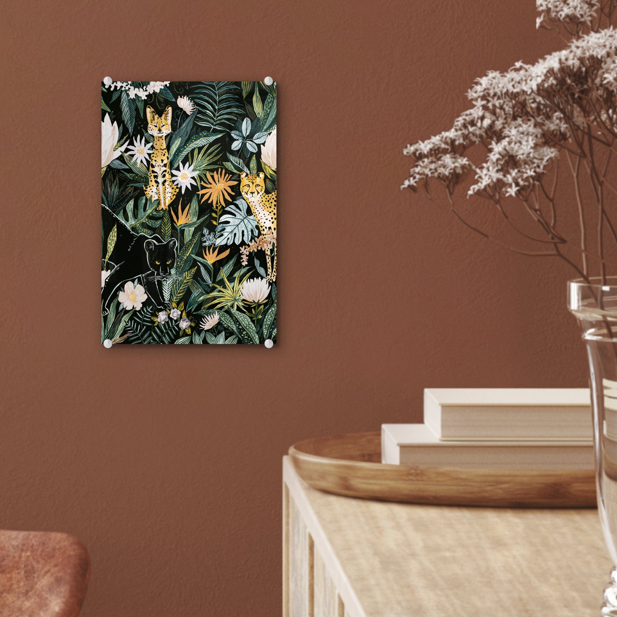 MuchoWow Acrylglasbild Dschungel - Pflanzen auf Glas Glasbilder Wandbild Bilder - auf Wanddekoration St), - Panther, (1 Glas - - Foto