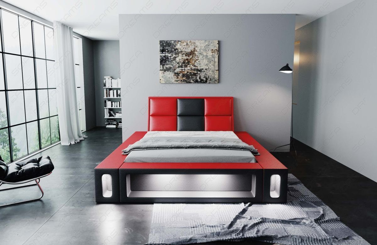 Kunstleder Sofa mit Matratze, Beleuchtung rot-schwarz LED Dreams Boxspringbett Topper, Venosa Premium Beleuchtung, Mit mit LED mit Komplettbett Bett