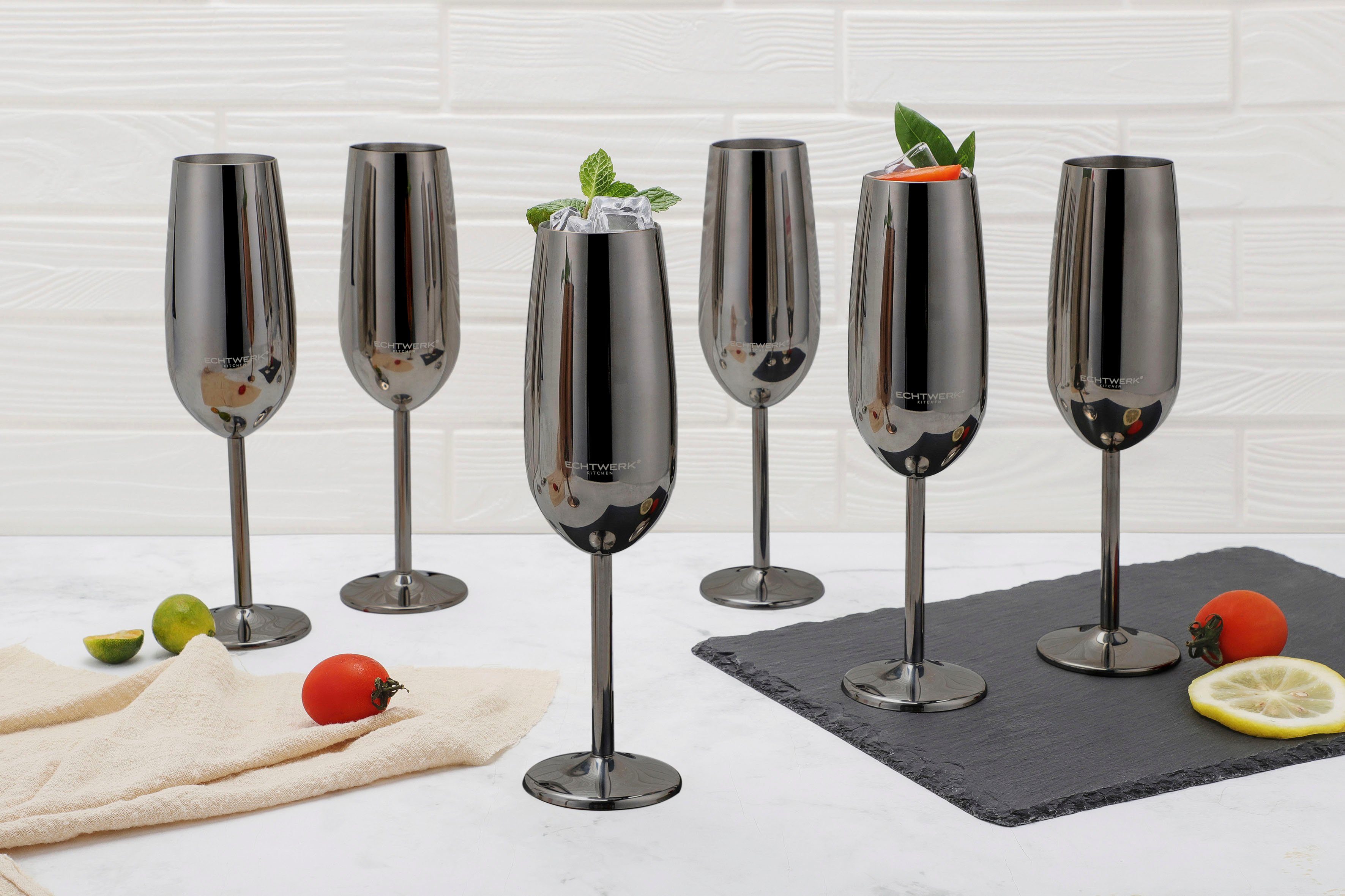 ECHTWERK Champagnerglas, 6-tlg., Edelstahl, Sektglas, Sektkelch, Champagnerkelch, bruchsicher, 250 ml