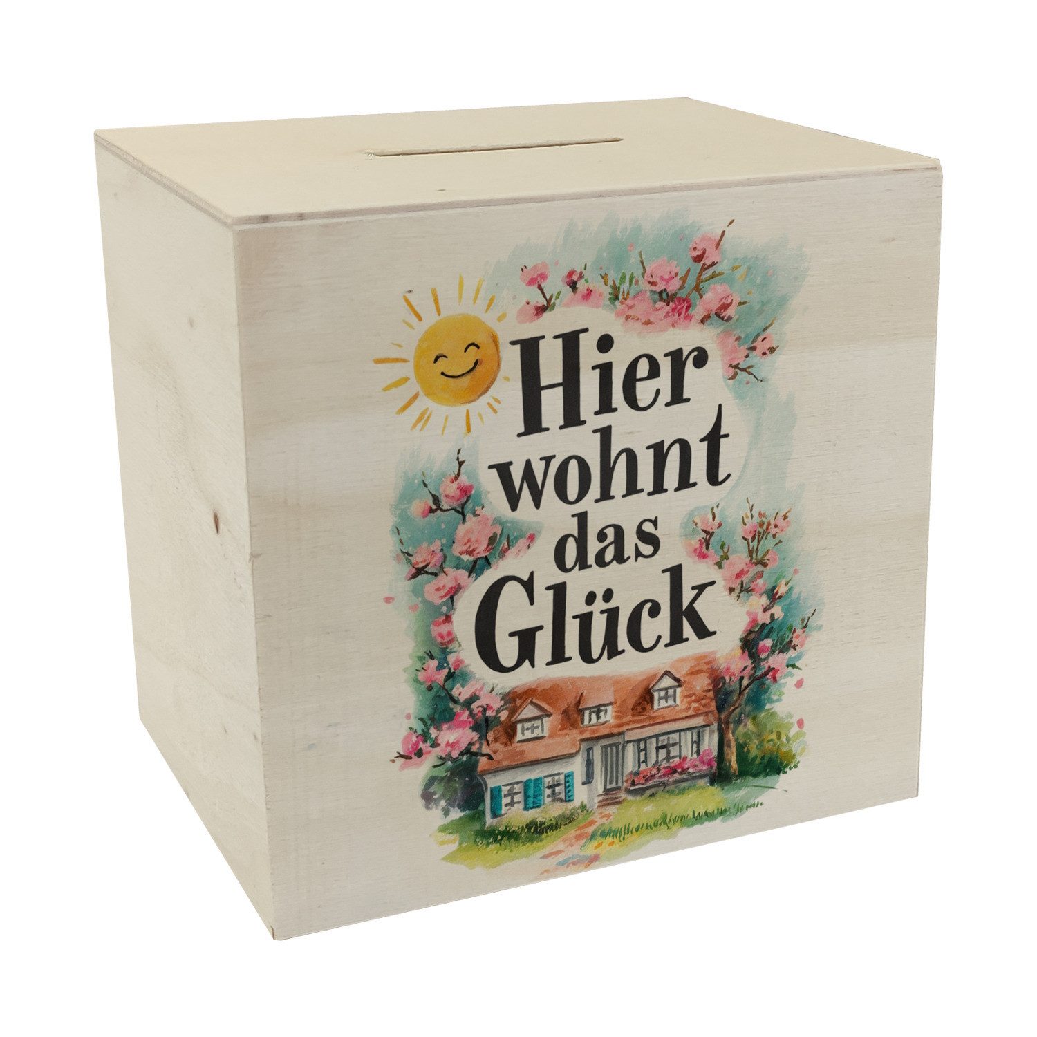 speecheese Spardose Hier wohnt Glück Spardose aus Holz Aquarell Dekoration