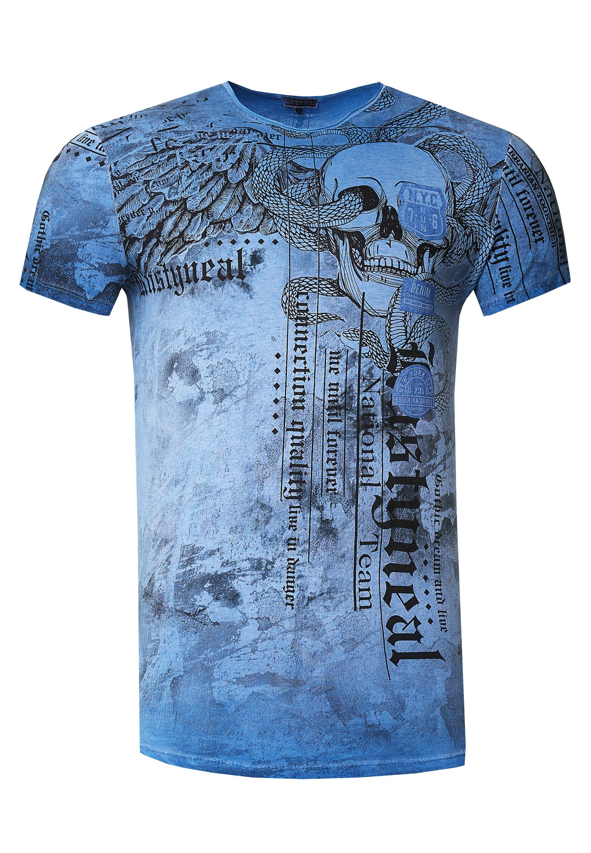 Rusty Neal T-Shirt mit coolem Allover-Print blau