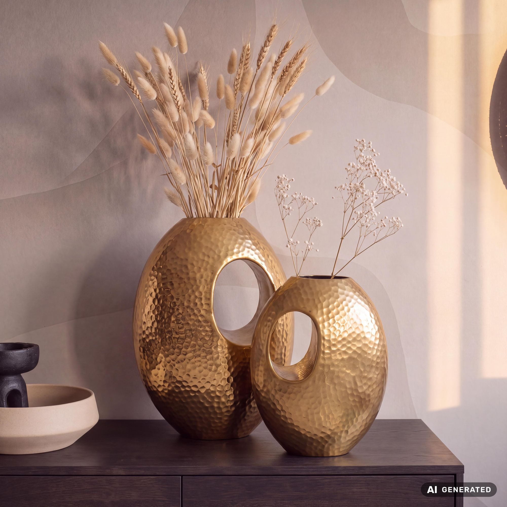 FINEBUY Dekovase FB65114 Vase 2er Set Blumenvase Aluminium Hammerschlag Tischvase (Blumenvase Modern, Tischvase mit Tragegriff), Hammerschlag, Vase 2er Set Aluminium Gold