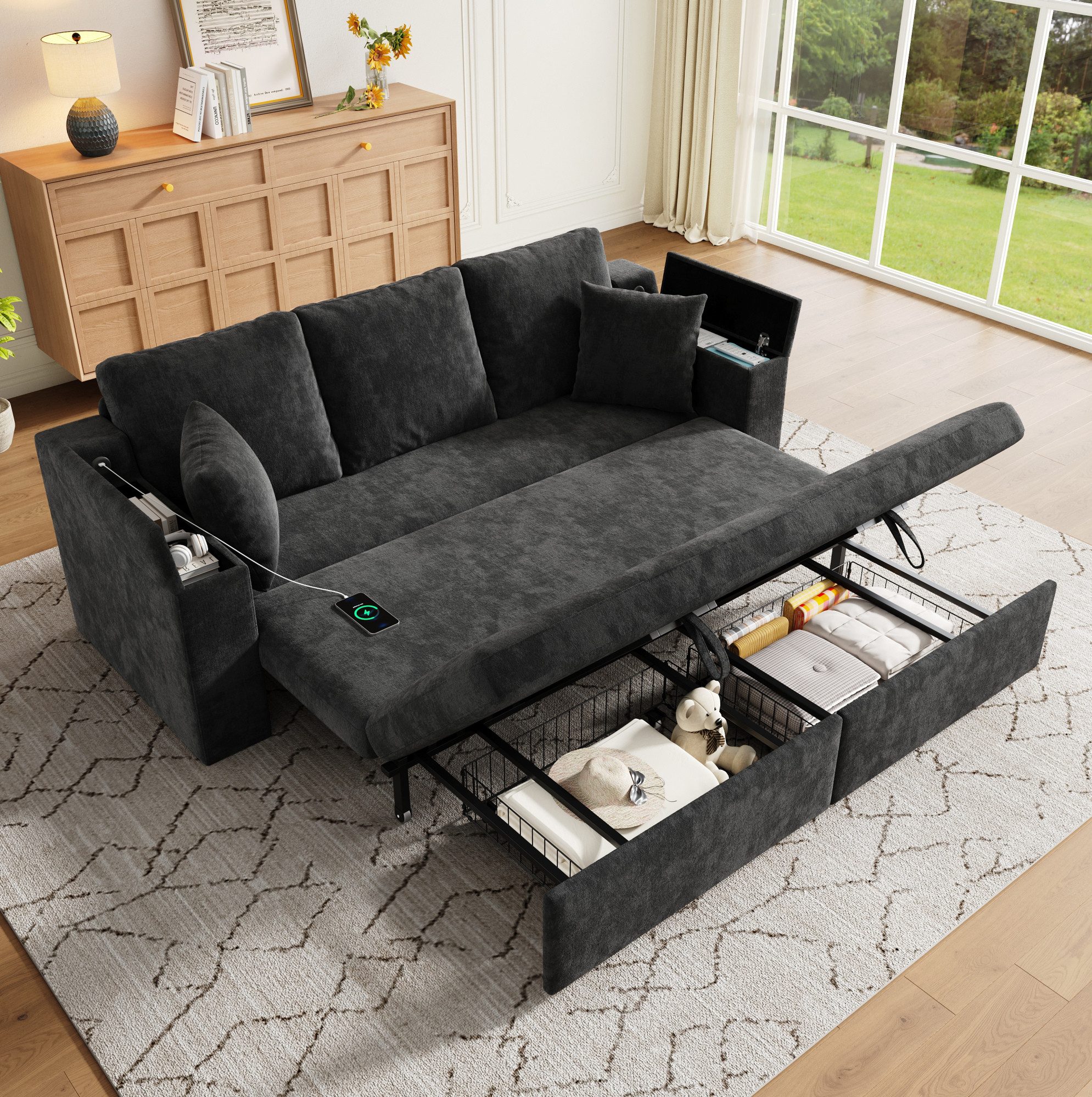 OKWISH Schlafsofa 3-Sitzer Sofa mit Schlaffunktion, USB & Stauraum, 1 Teile, Metallrahmen, 2 Ablagefächer, Grau