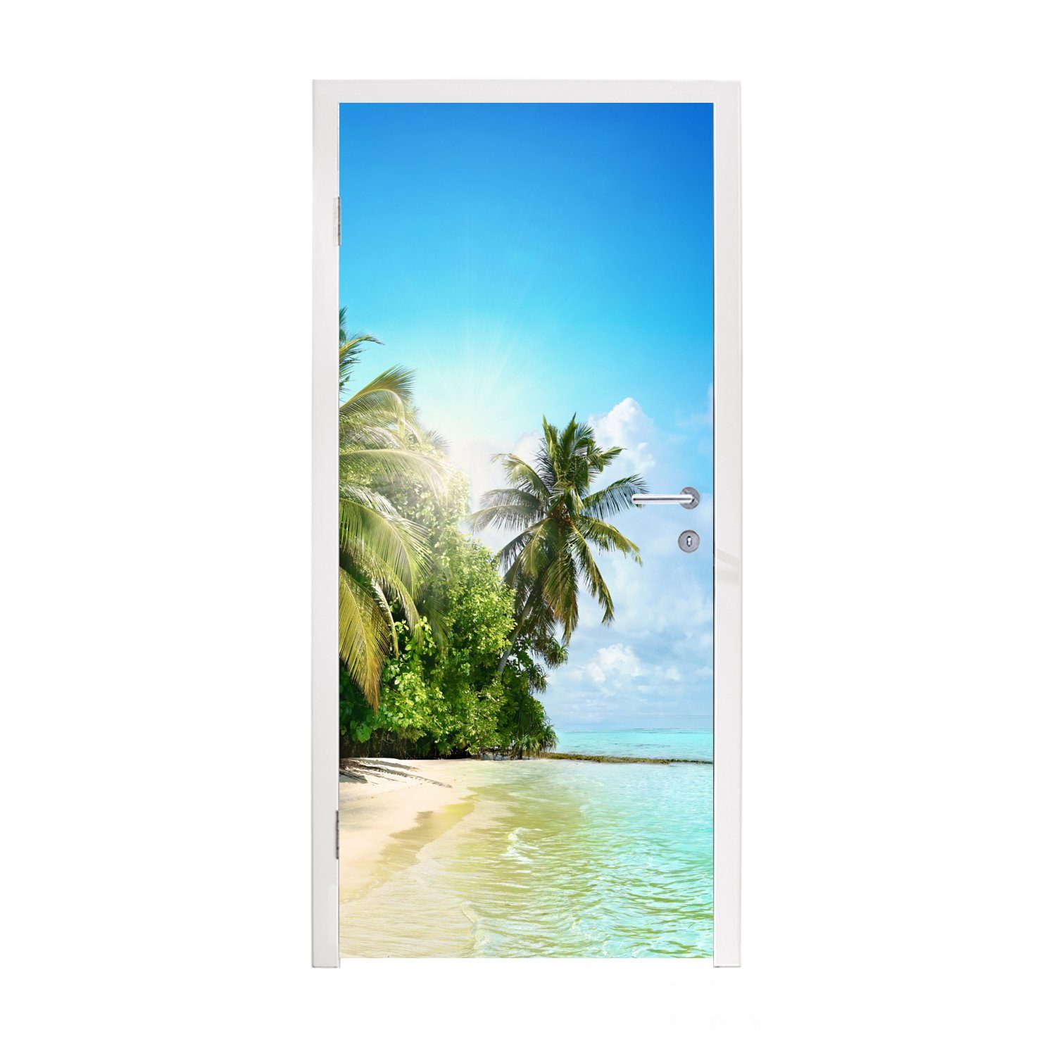 Strand - für - - Fototapete Türaufkleber, (1 cm Palme 75x205 MuchoWow Meer Türtapete - Tropisch Blau - Tür, Grün, Matt, St), bedruckt,