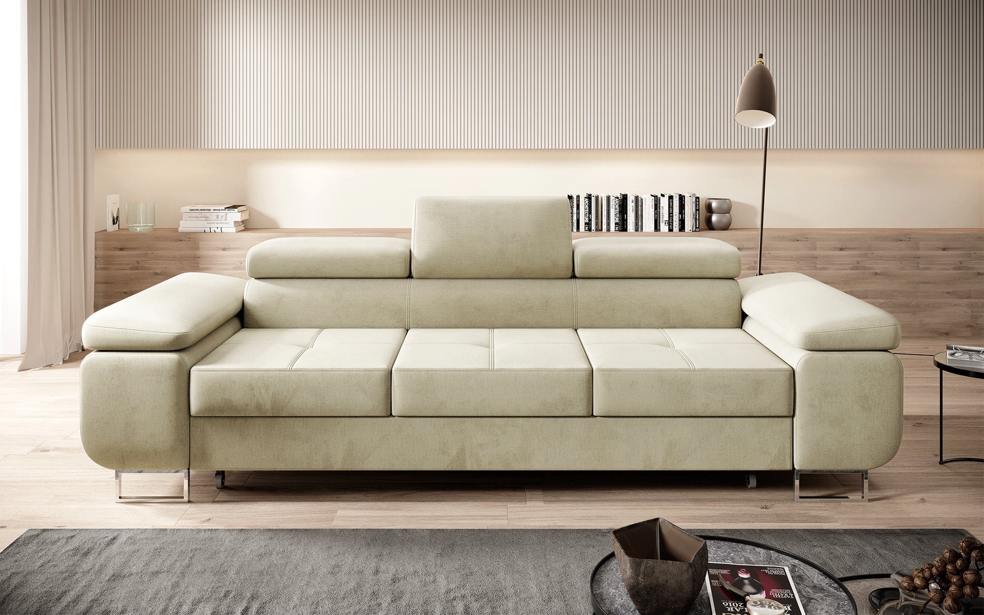 Sofa Sofa mit Siera Aufbau Beige (Samt), Baidani inkl. Schlaffunktion