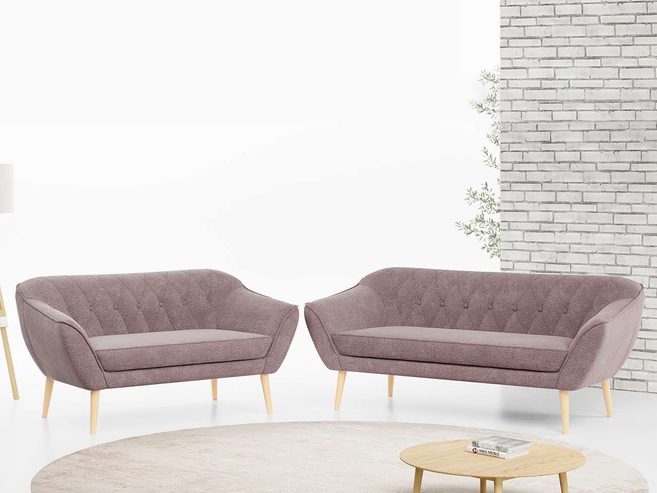 MKS MÖBEL Sofa PIRS 3 2, Skandinavischer Stil, Gesteppte Polsterung, Moderne Sofa Set 3 + 2 Rosa Matana