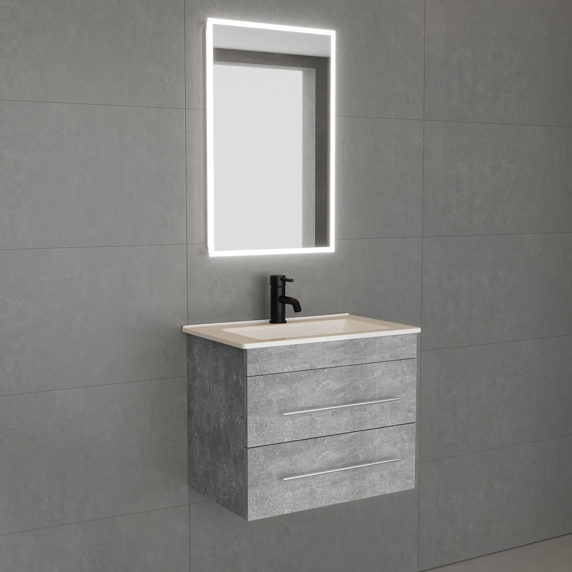 Alpenberger Badmöbel-Set Waschtisch mit Unterschrank 60 cm Breit Grau mit LED Badspiegel, (Komplettprogramme für Badezimmer, 3-St., Waschbecken mit Unterschrank und Wandspiegel), LED Badezimmerspiegel - Softclose Schrank - Komplett Vormontiert