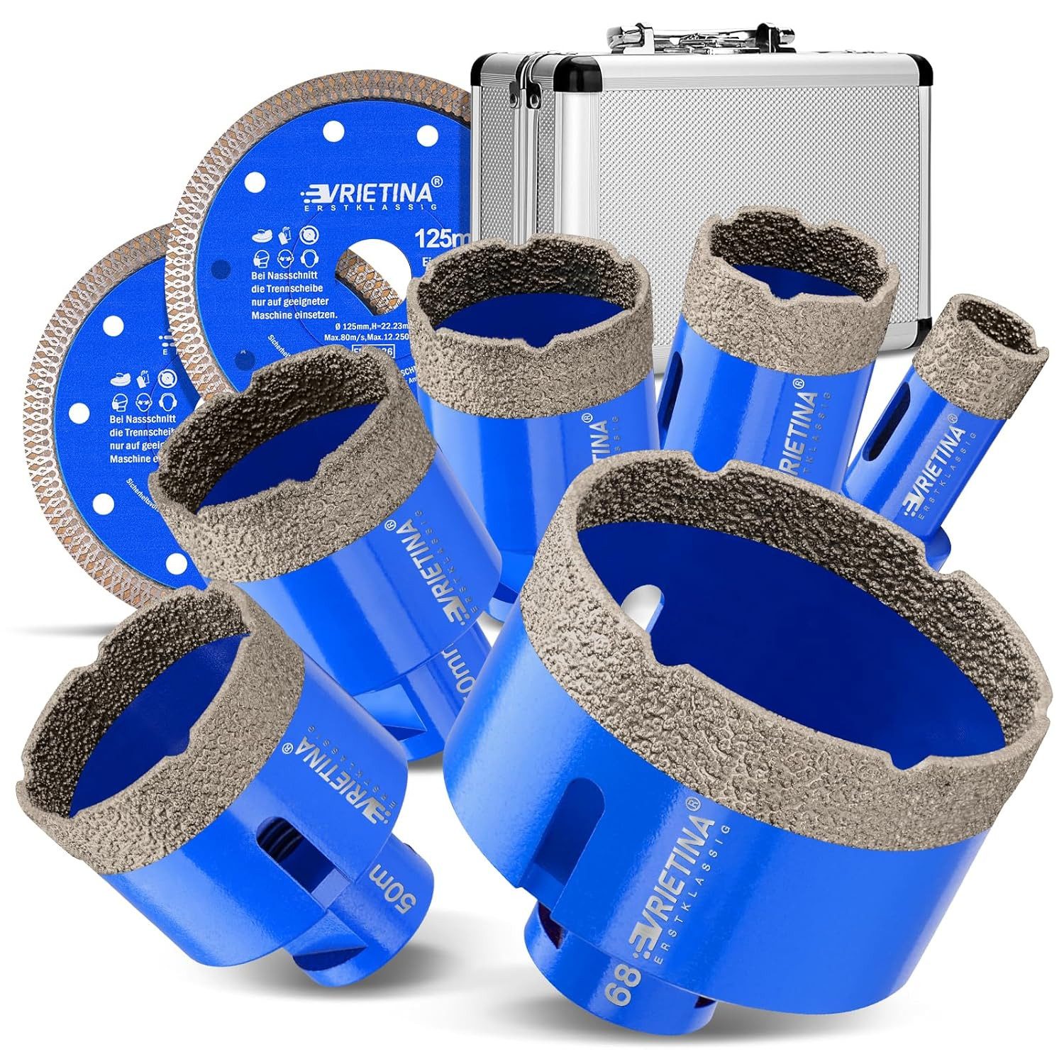 XERSEK Kernbohrer 8tlg M14 Diamant Bohrkrone Fliesenbohrer Diamantbohrer Glasbohrer Set, 20/35/40/45/50/68mm + 2X 125mm Trennscheibe, 8-tlg., für Trockenbohren in Fliesen Porzellan, Granit Marmor Feinsteinzeug