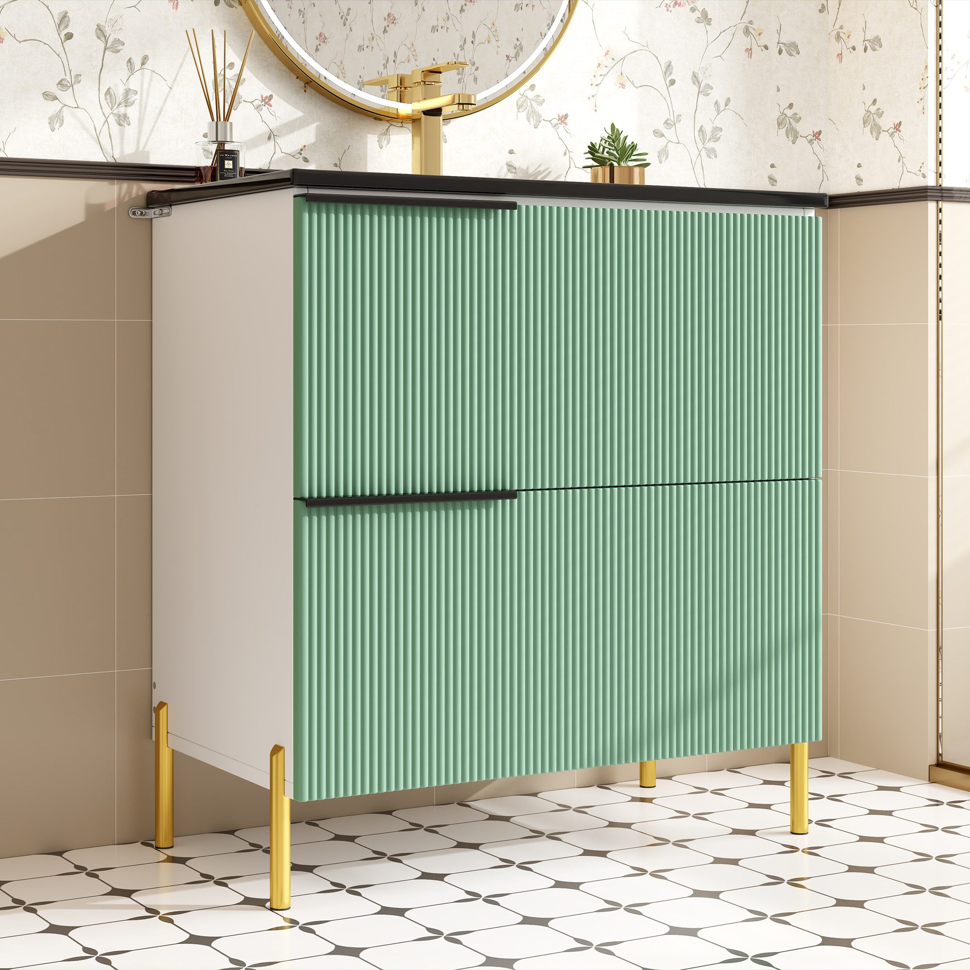 Flieks Waschtisch Waschbeckenunterschrank mit schwarze Keramik-Waschbecken (B81,8/T47/H90 cm, 1-St., bodenstehend), Badzimmerschrank mit 2 Schubladen Badmöbel-Set Waschplatz Grün