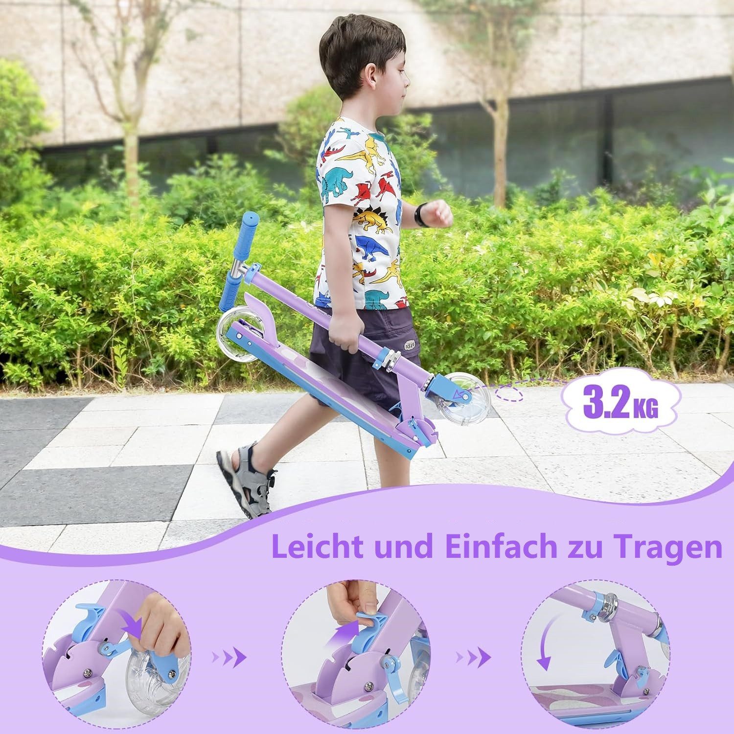 TONBUX Scooter Kinderroller mit coolen beleuchteten Stangen, Rädern und Pedal – Bild 4 von 5