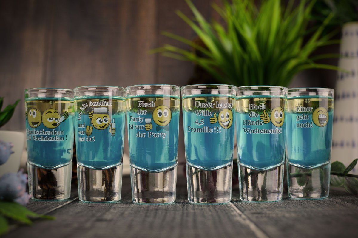 Sendez Schnapsglas 6 Schnapsgläser mit Sprüchen Schnaps Shots Stamper Wodkagläser, 6-tlg., Glas