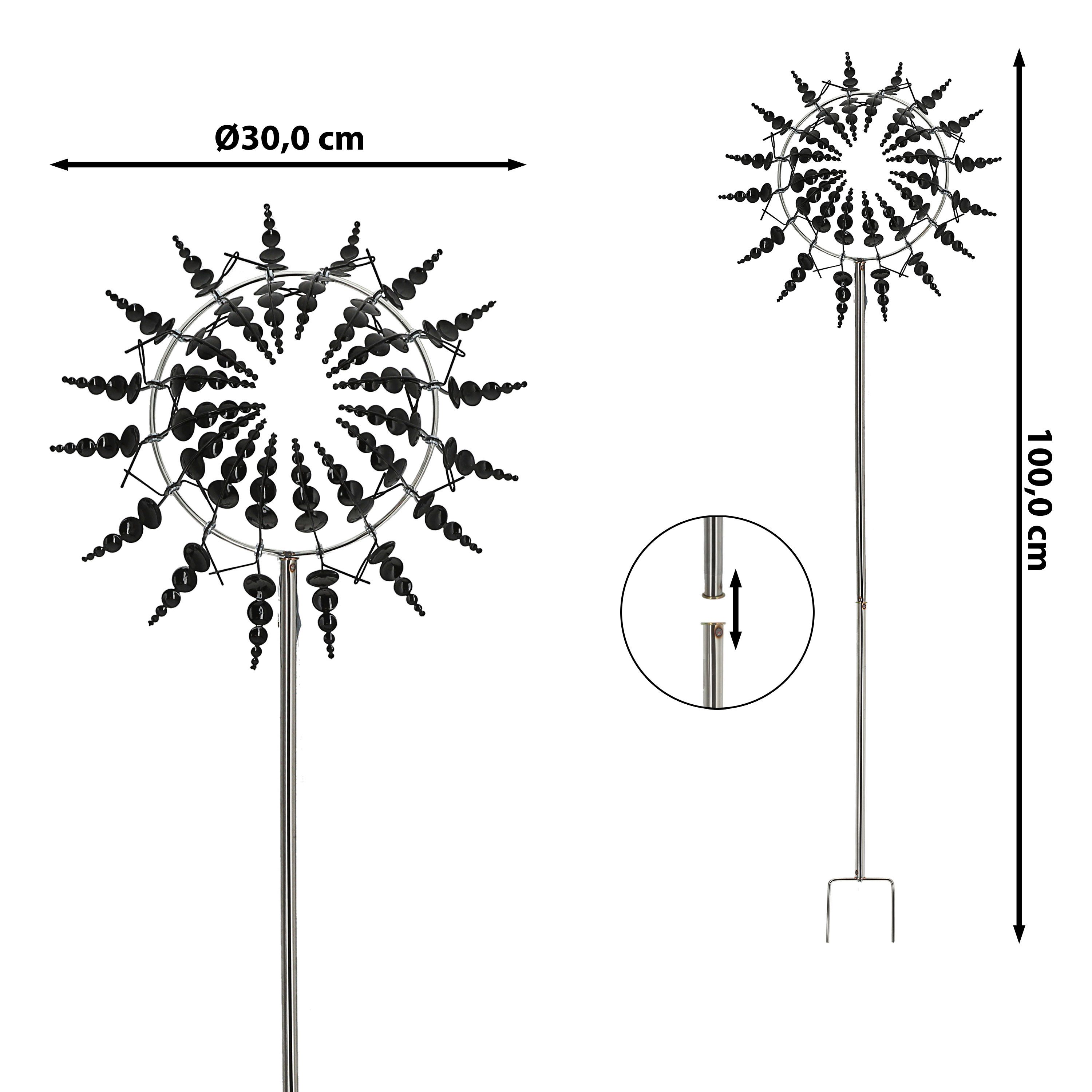 CEPEWA Windspiel Windrad 3D 16 Flügel Schwarz Metallic-Effekt Ø30xH100cm Erdspieß