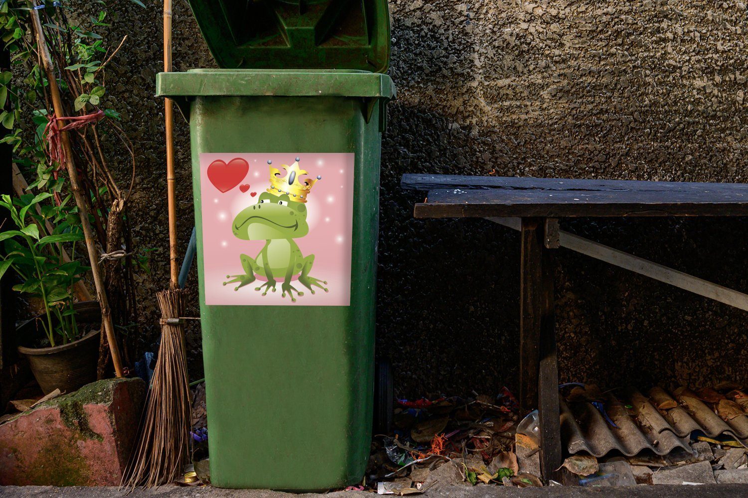 Abfalbehälter Mülleimer-aufkleber, MuchoWow Container, St), mit (1 Wandsticker Illustration einer eines Eine Frosches Krone Sticker, Mülltonne,