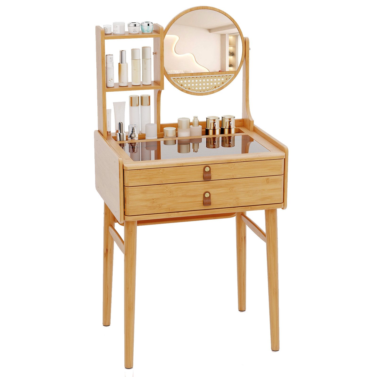COSTWAY Schminktisch, mit Spiegel, Frisiertisch Bambus mit Schubladen, Glas günstig online kaufen