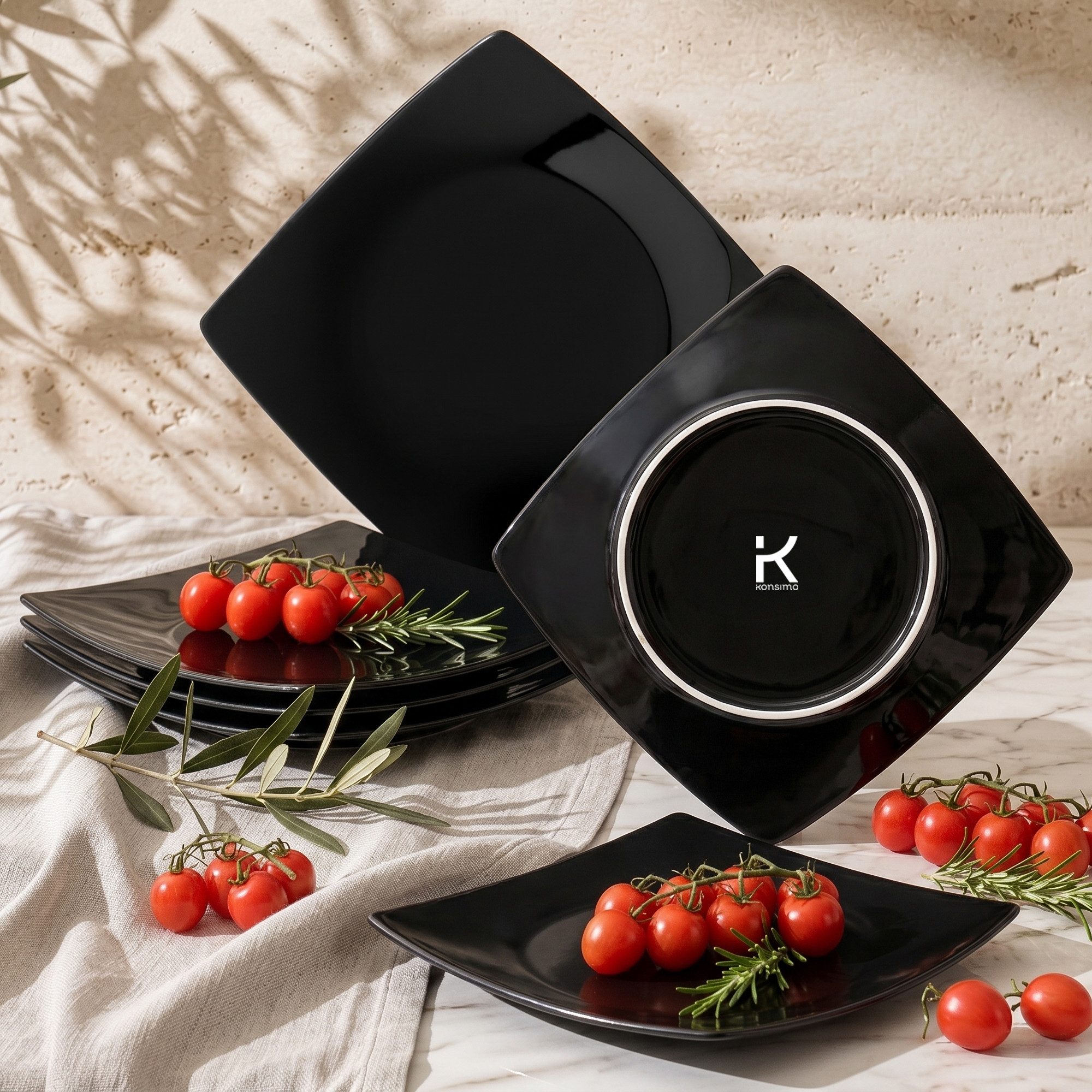 KONSIMO® Teller-Set EPIRI Geschirrset Speiseteller 6 Personen, hergestellt in der EU (6-tlg), 6 Personen, Keramik, quadratisch, Spulmachinen- und Mikrowellengeeignet