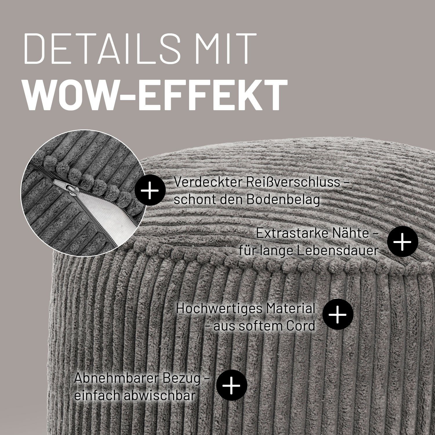 Lumaland Pouf Sitzhocker Cord Ablage Indoor pflegeleicht, Grau Relaxen kompakt 25x45 cm